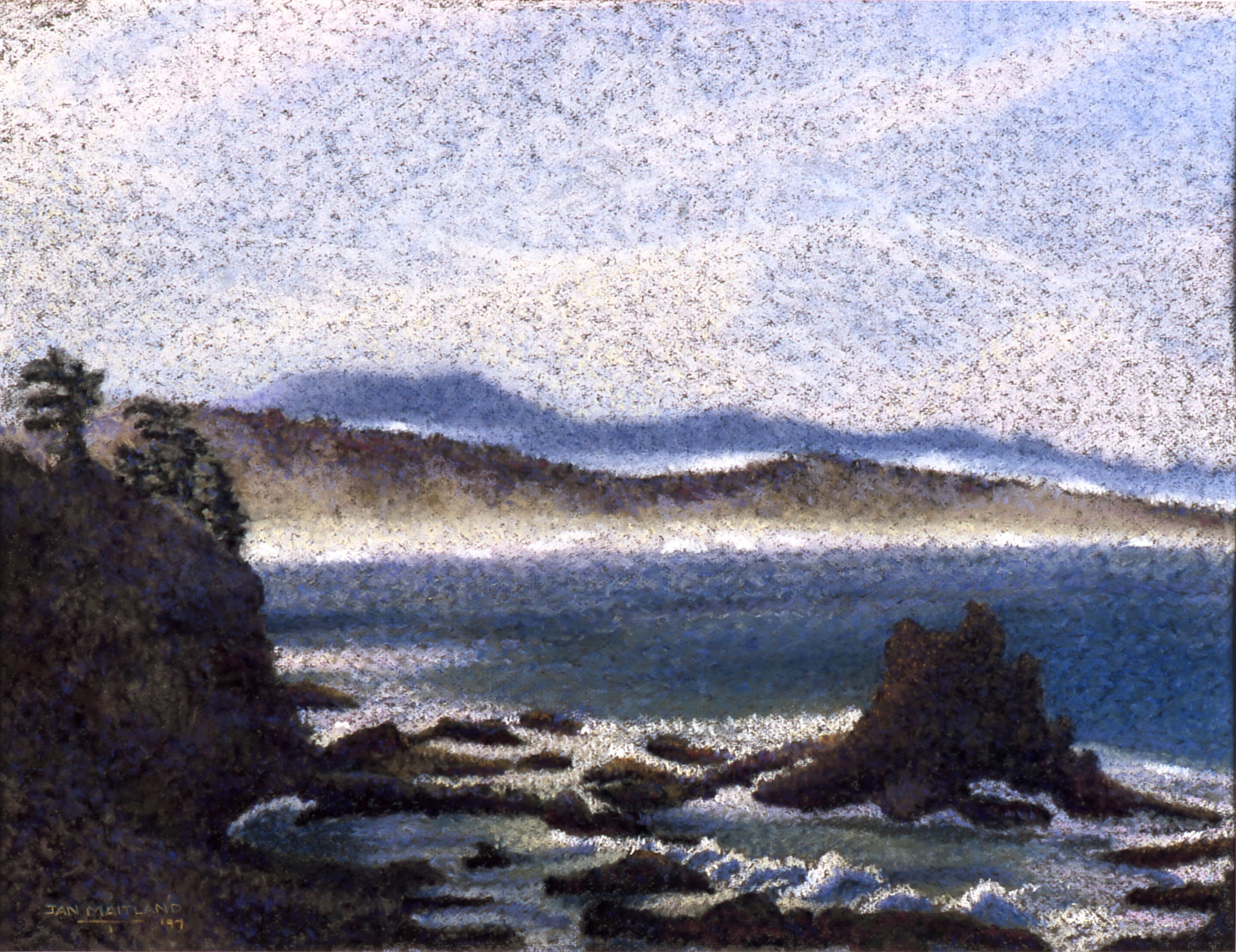Pictured for Lava Glow Jewelry Blog - Original pastel painting, "Coastal Mist" by Jan Maitland. The painting is of the beautiful coast in Oregon showing rock and Pacific surf on a misty day.