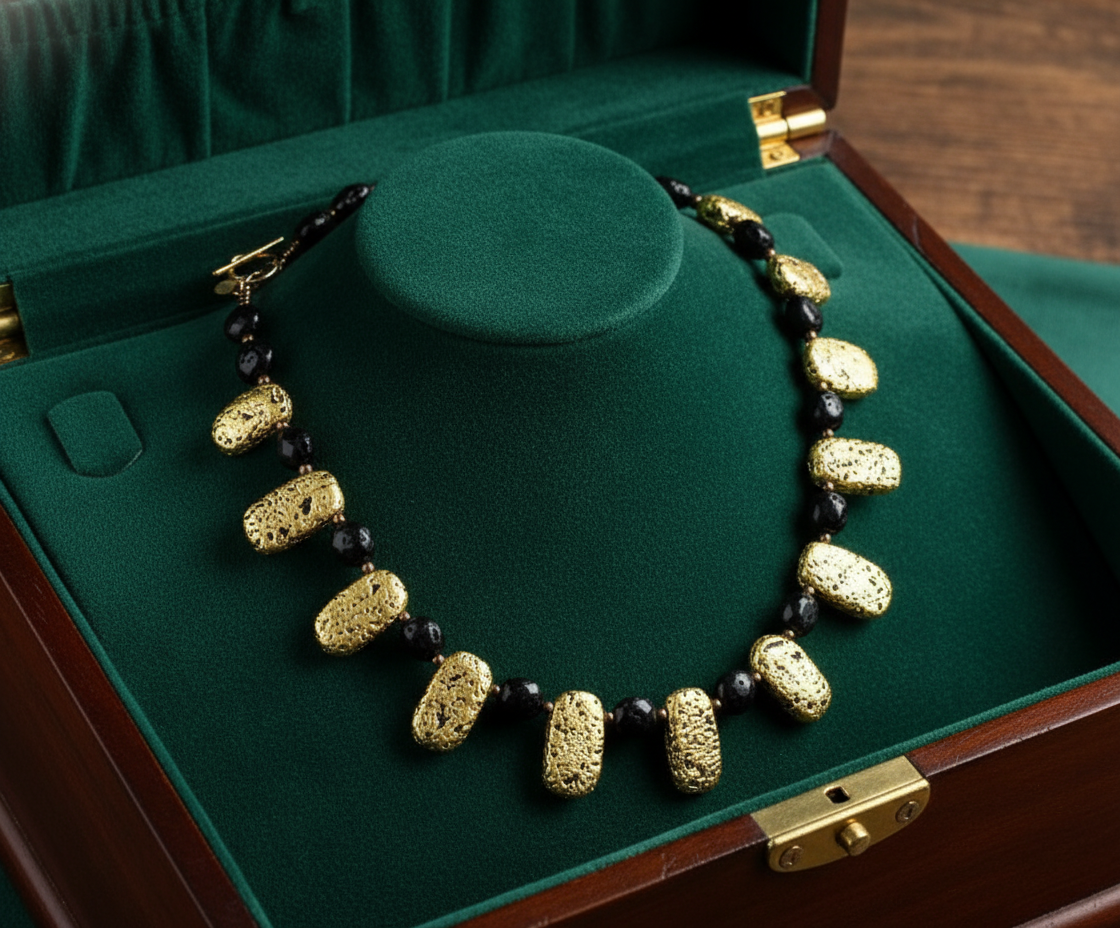 Gold and black beaded necklace on green velvet in a jewelry box