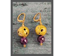 Load image into Gallery viewer, Amethyst Nugget Glow Earrings  - Amethyst, 23-Karat Gold Leaf On Stone  Hand-gilded lava stone with 23-karat gold leaf, smooth amethyst beads, and 14-karat gold-filled lever back findings.  The dangle drop equals = 1.5&quot; (3.81cm)