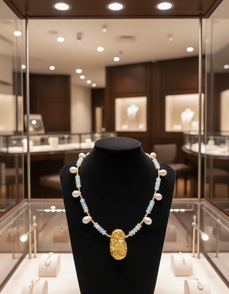Necklace with gold pendant, opals, and pearls on dark background.
