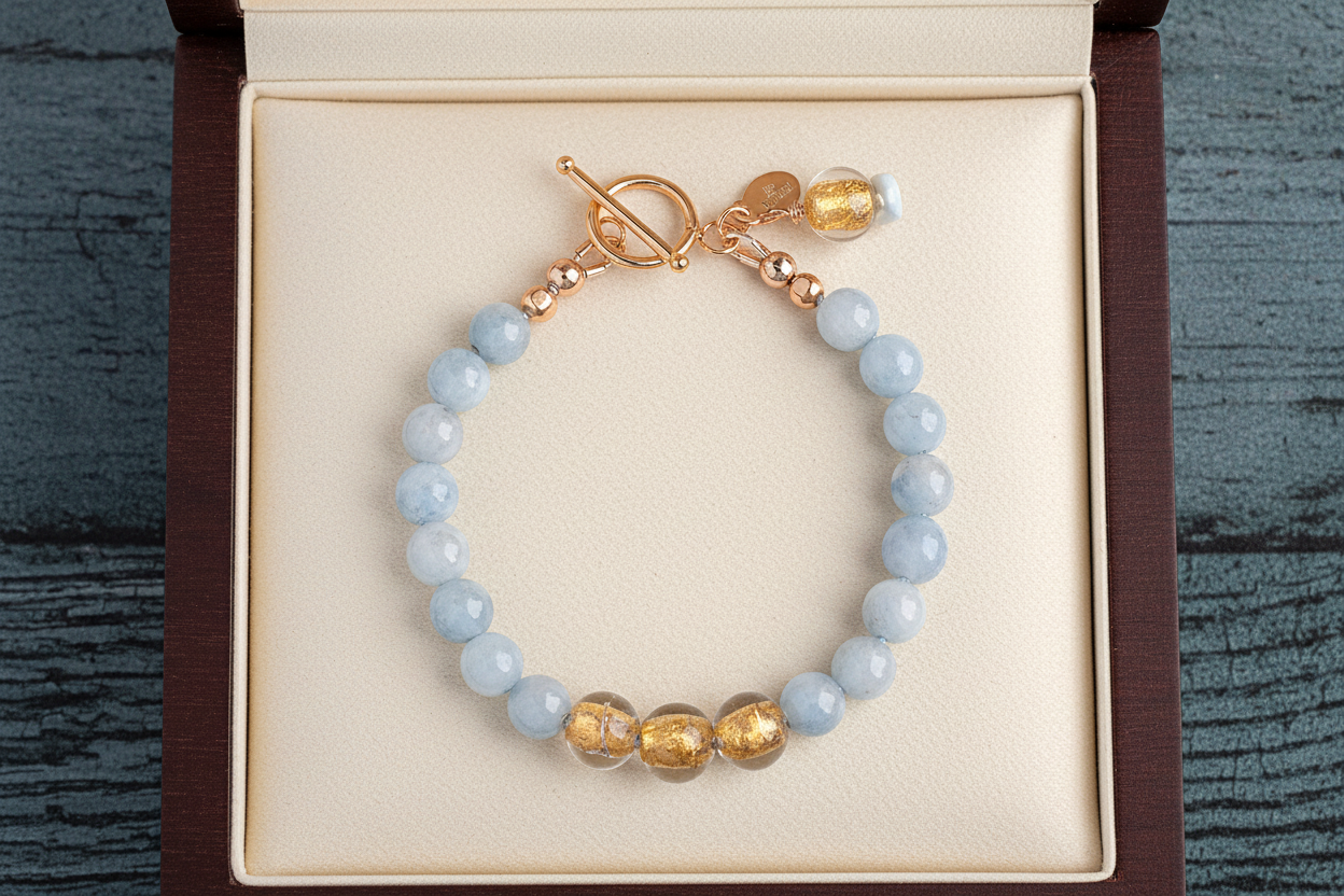 Light blue aquamarine and gold bead bracelet in a cream lined jewelry box.