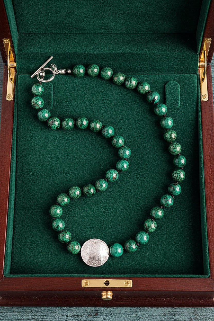 A close-up image of a silver toggle clasp on a necklace with hand-knotted chrysocolla beads and lampwork glass.