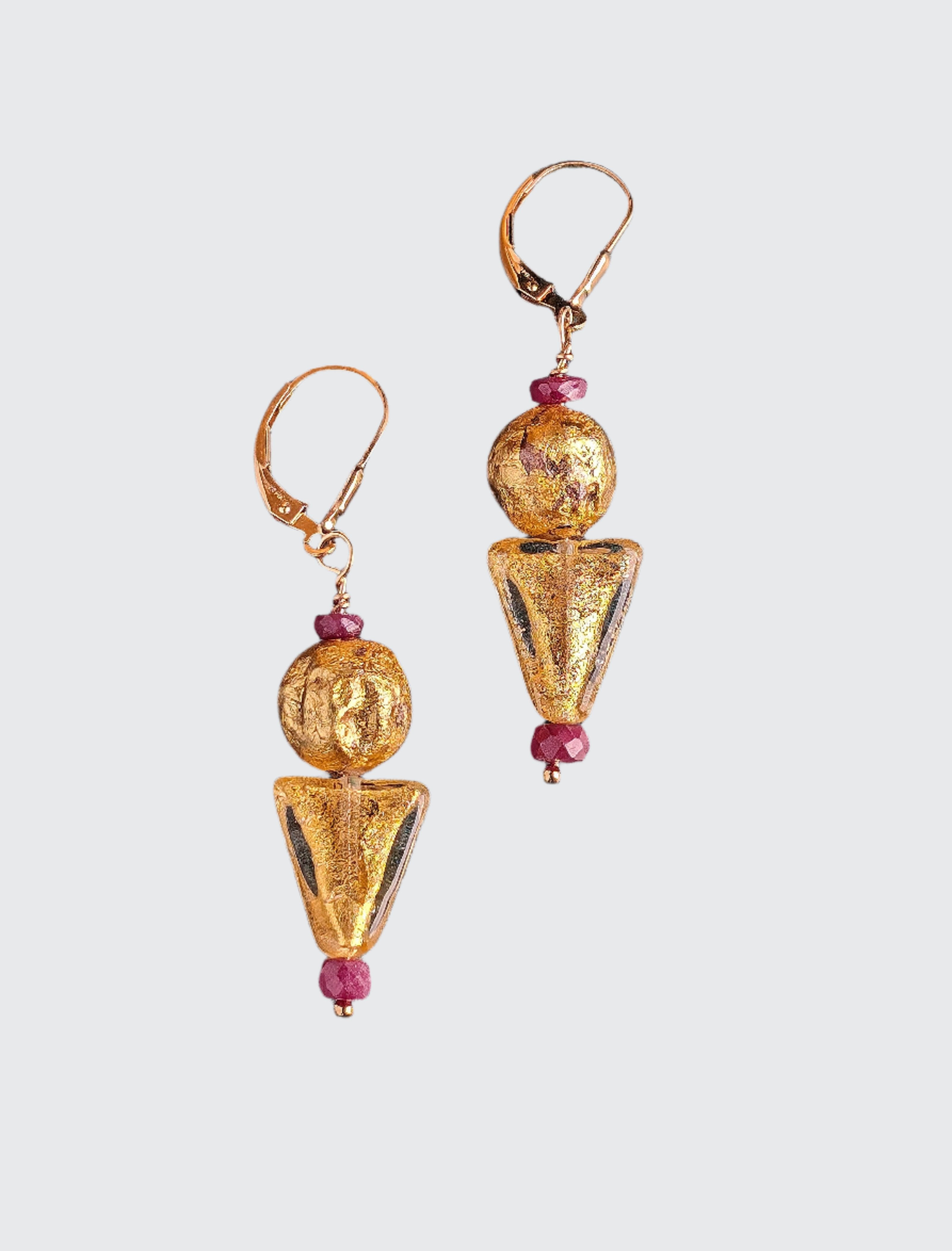 A pair of ruby and gold Venetian earrings with gold-filled lever back ear wire.