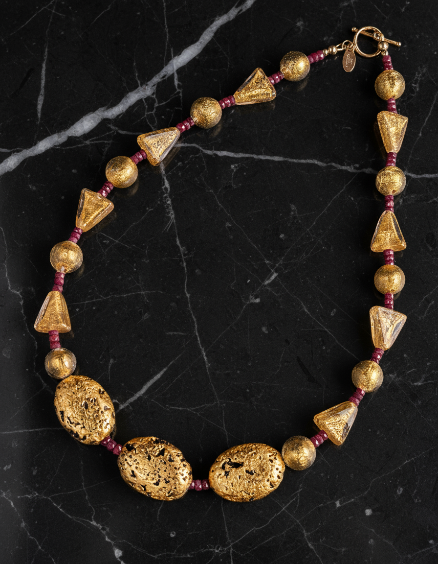 Ruby and Gold Venetian Glass Necklace "Ruby and Gustav"