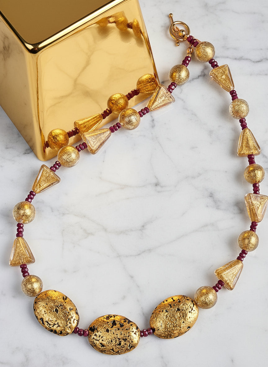 Ruby and Gold Venetian Glass Necklace "Ruby and Gustav"