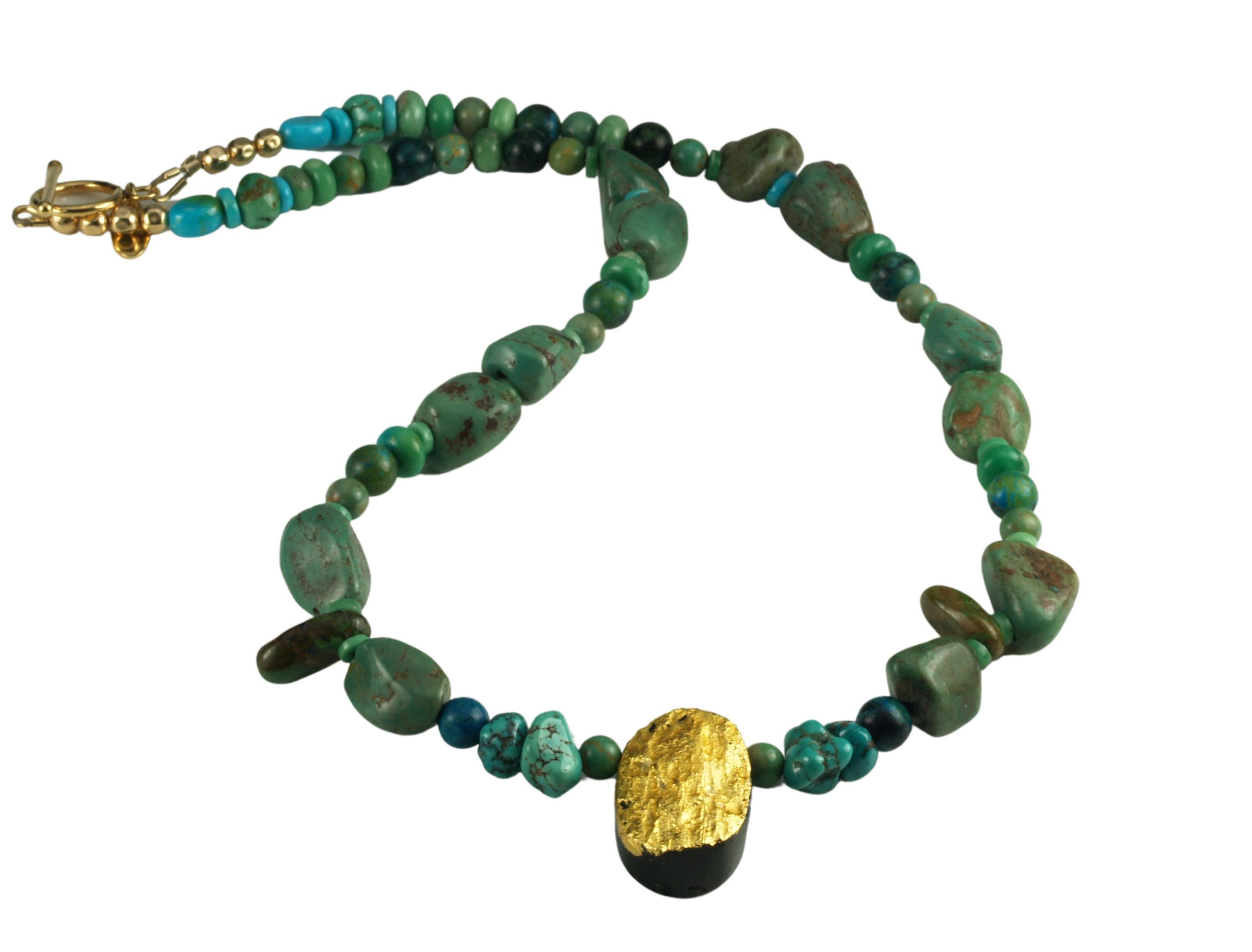 Green turquoise stone necklace with gold gilded pendant on white background.