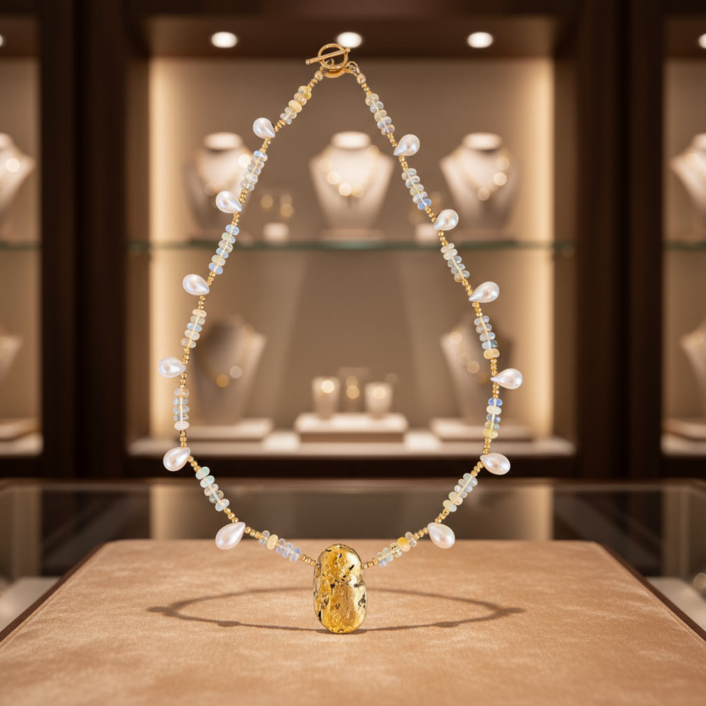 A gold, opal, and pearl necklace with a 23-karat gold leaf lava stone pendant and a gold-filled toggle clasp.