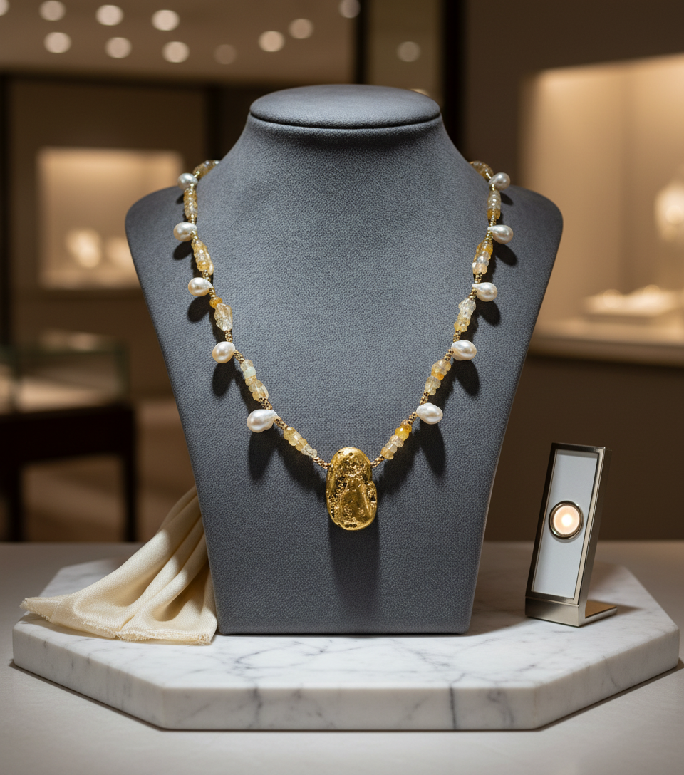 Necklace with gold pendant, opals and pearls on a grey background.