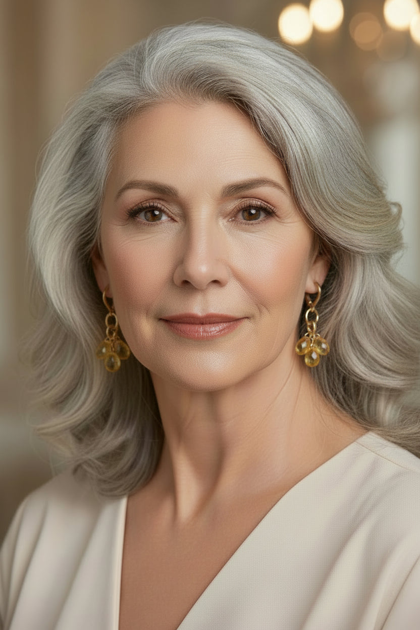 Woman with gray hair wearing gold earrings in an elegant setting