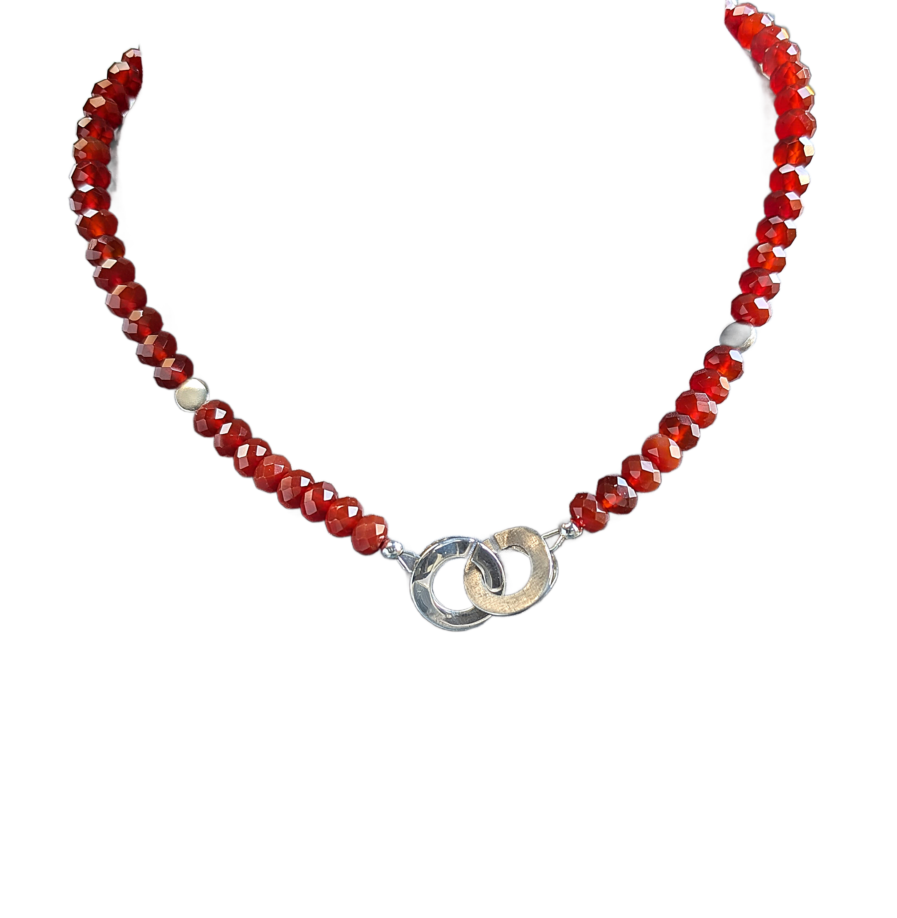 Necklace with red beads and a silver clasp on a white background