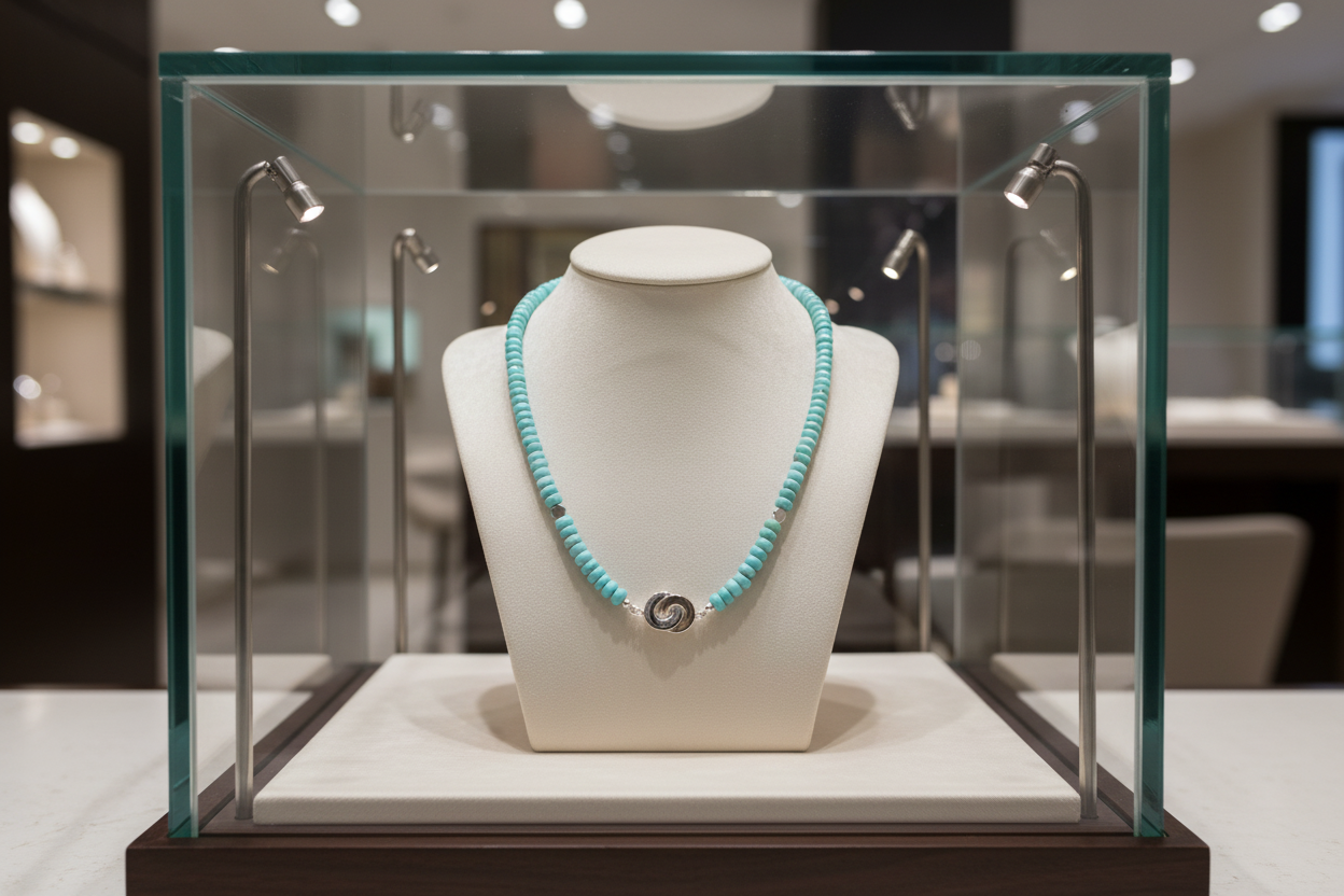 Necklace with light blue beads and a silver clasp on a cream colored neck in a display case.