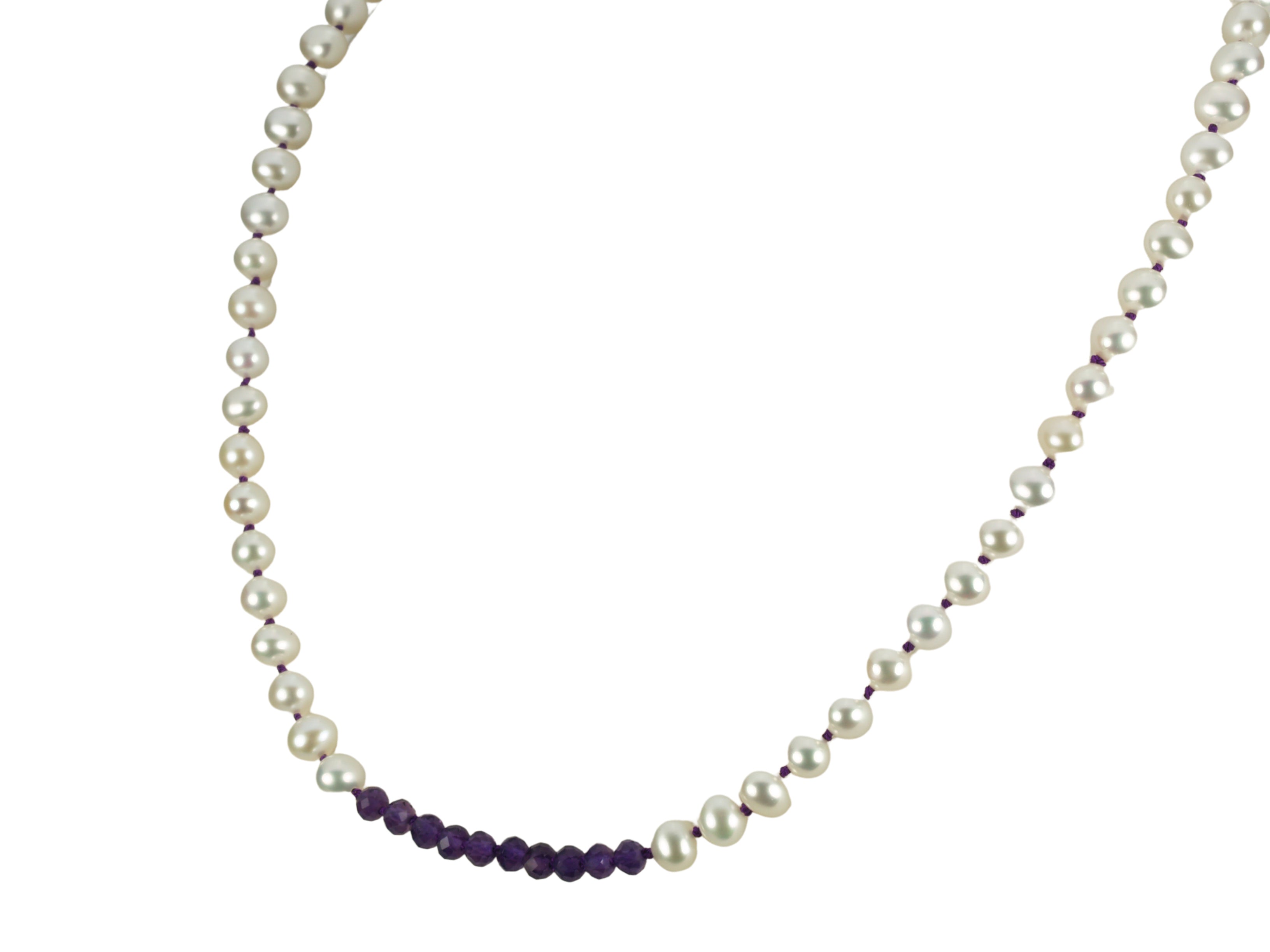 Pearl necklace with purple beads on a white background