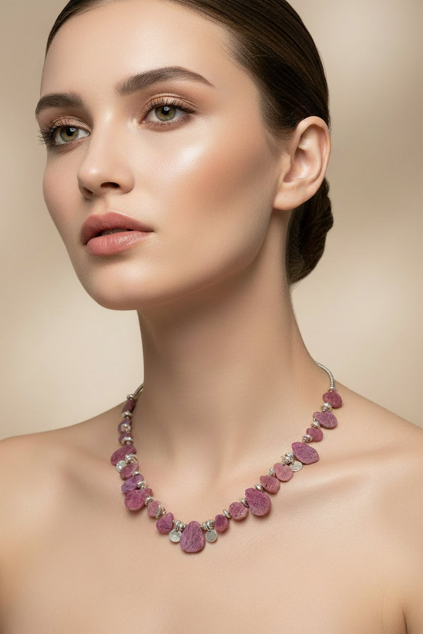 Necklace with pink and silver beads on a model.