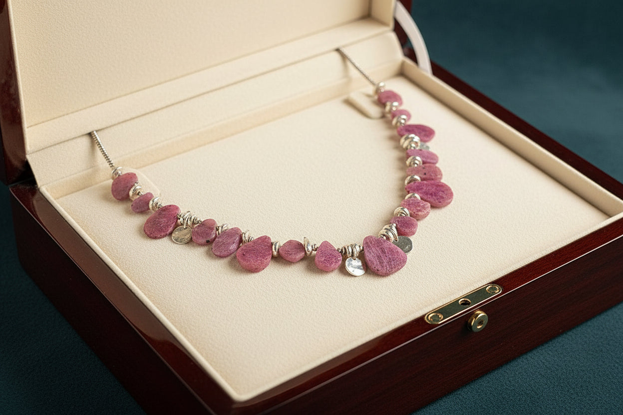 Ruby and silver necklace displayed in a dark wood jewelry case.