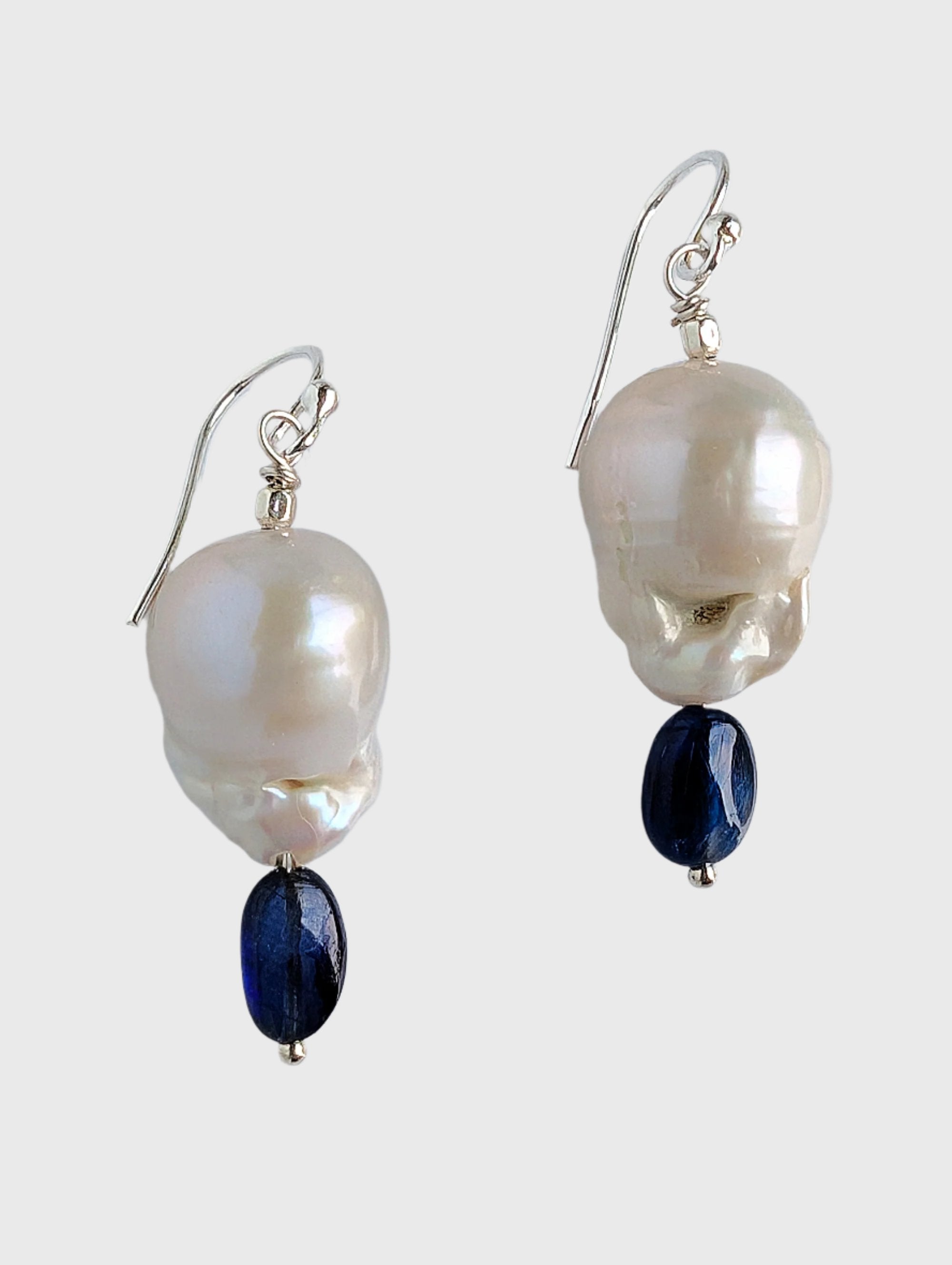 Baroque Pearl and sapphire earrings  1.5" dangle length with sterling silver French hook earring wire.