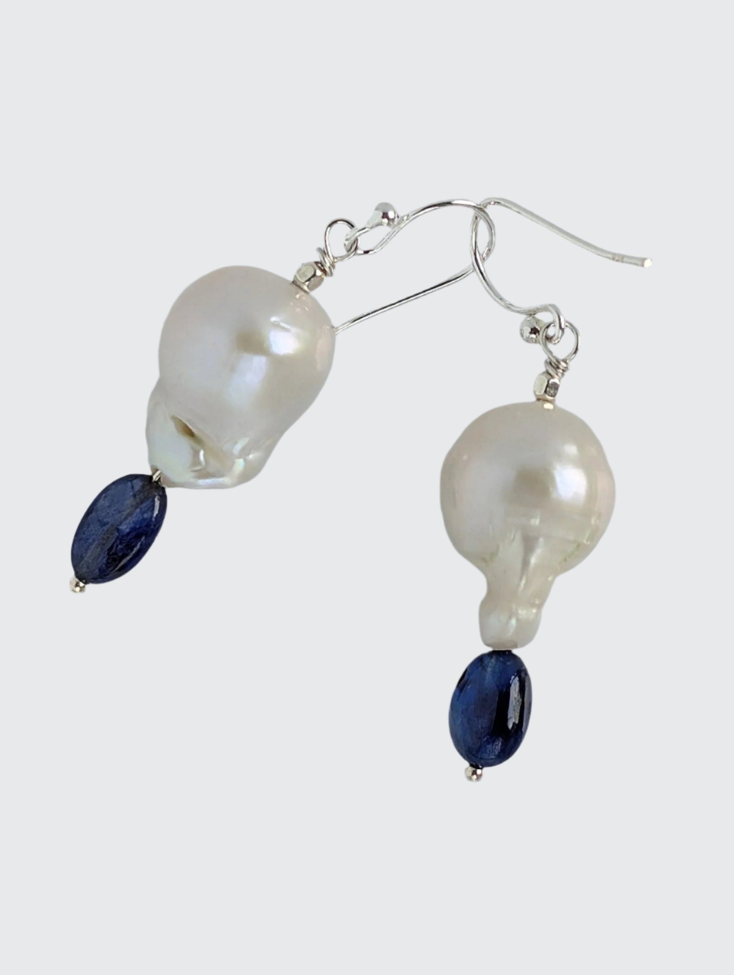 Baroque Pearl and sapphire earrings with 1.5" dangle length with sterling silver French hook earring wire.