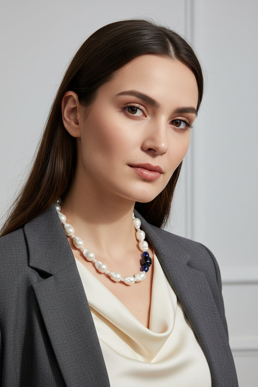 Baroque pearl, moonstone and sapphires on the necklace pictured on an elegant model.