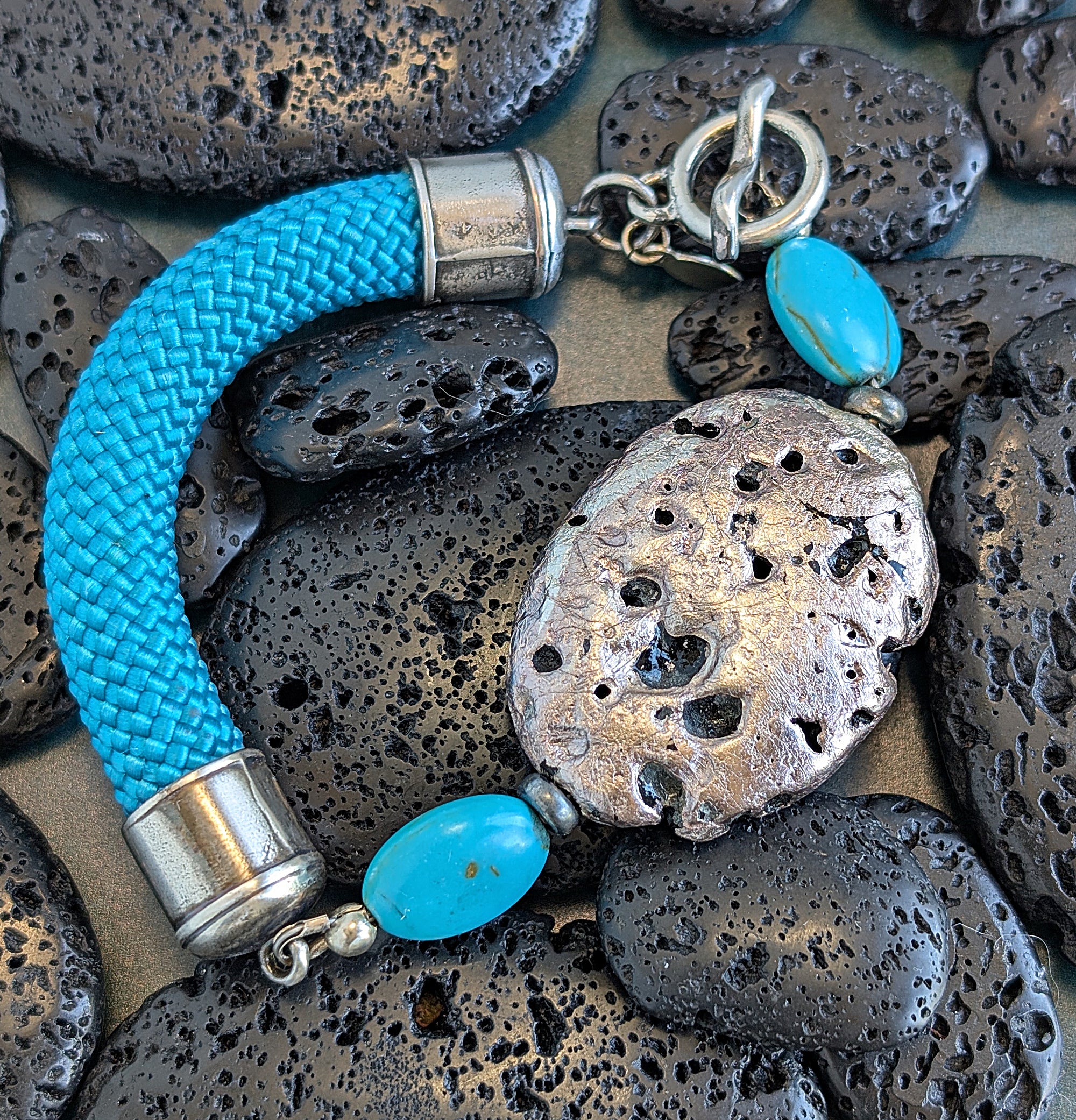 Silver Stone Bracelet - Silver on Lava Stone, Turquoise, and Cord