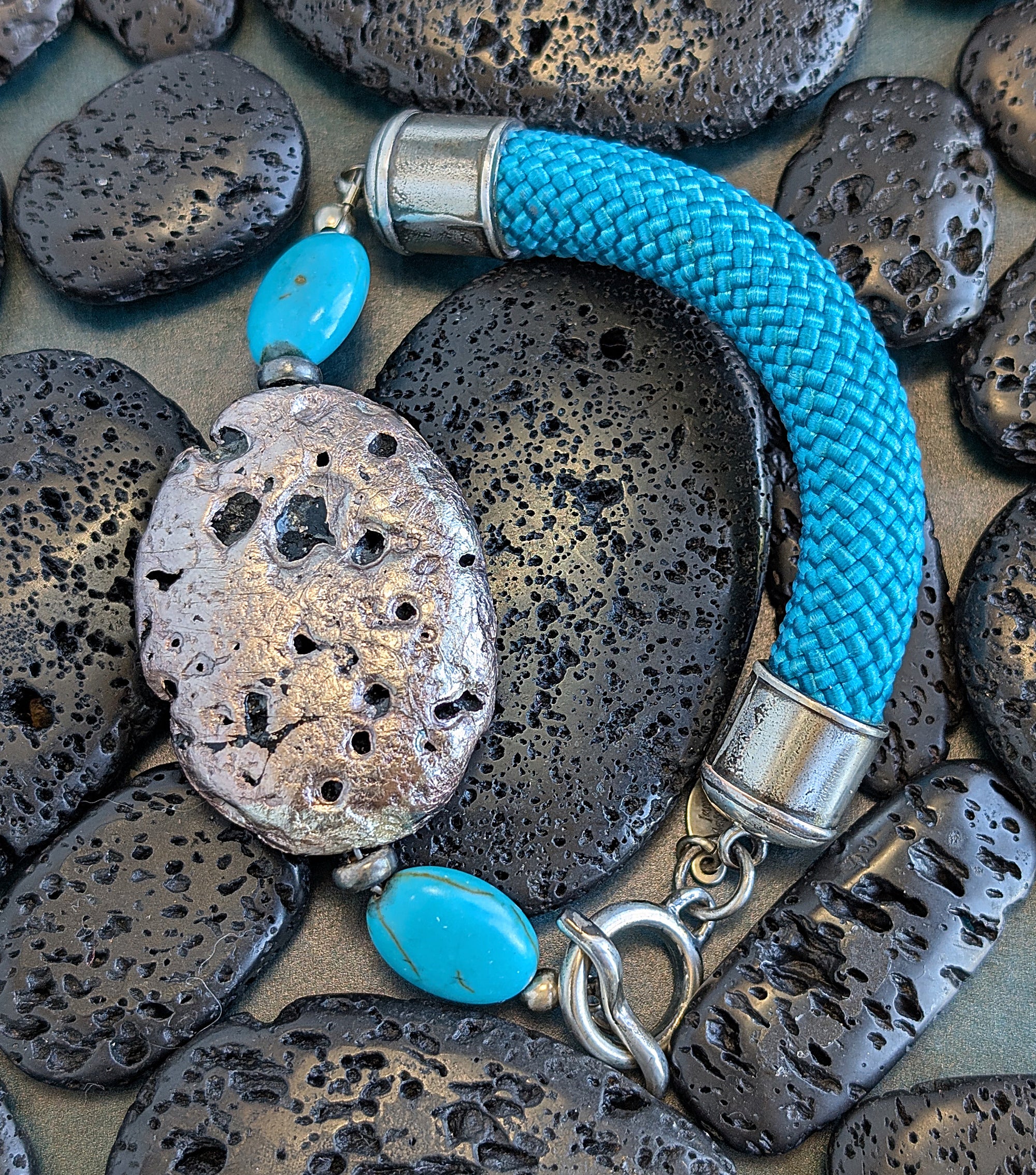 Silver Stone Bracelet - Silver on Lava Stone, Turquoise, and Cord