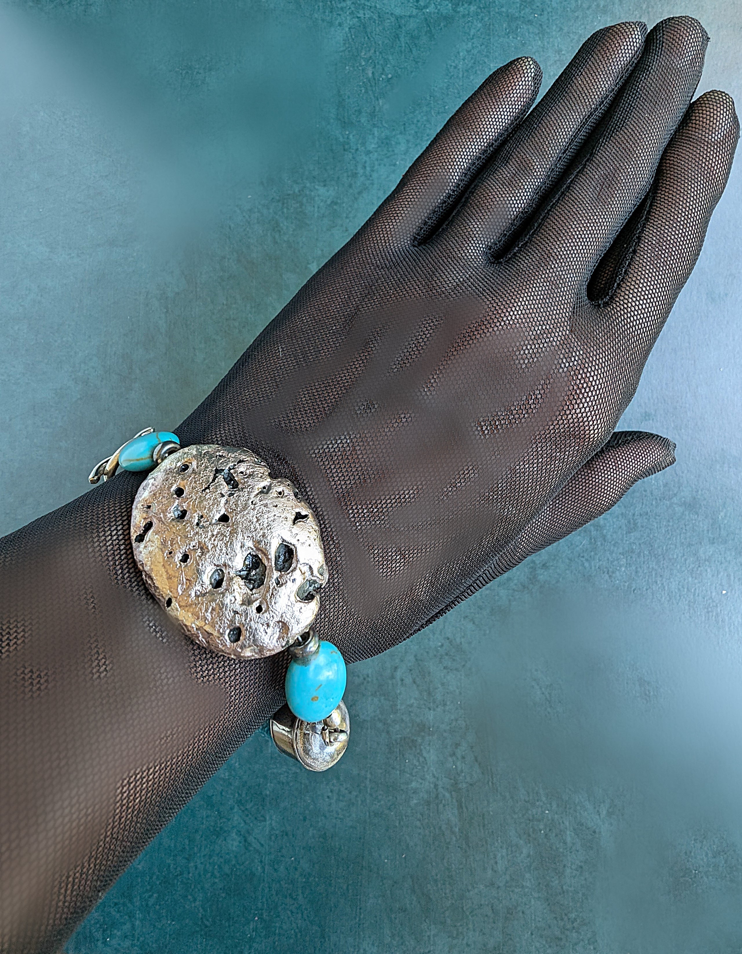 Silver Stone Bracelet - Silver on Lava Stone, Turquoise, and Cord