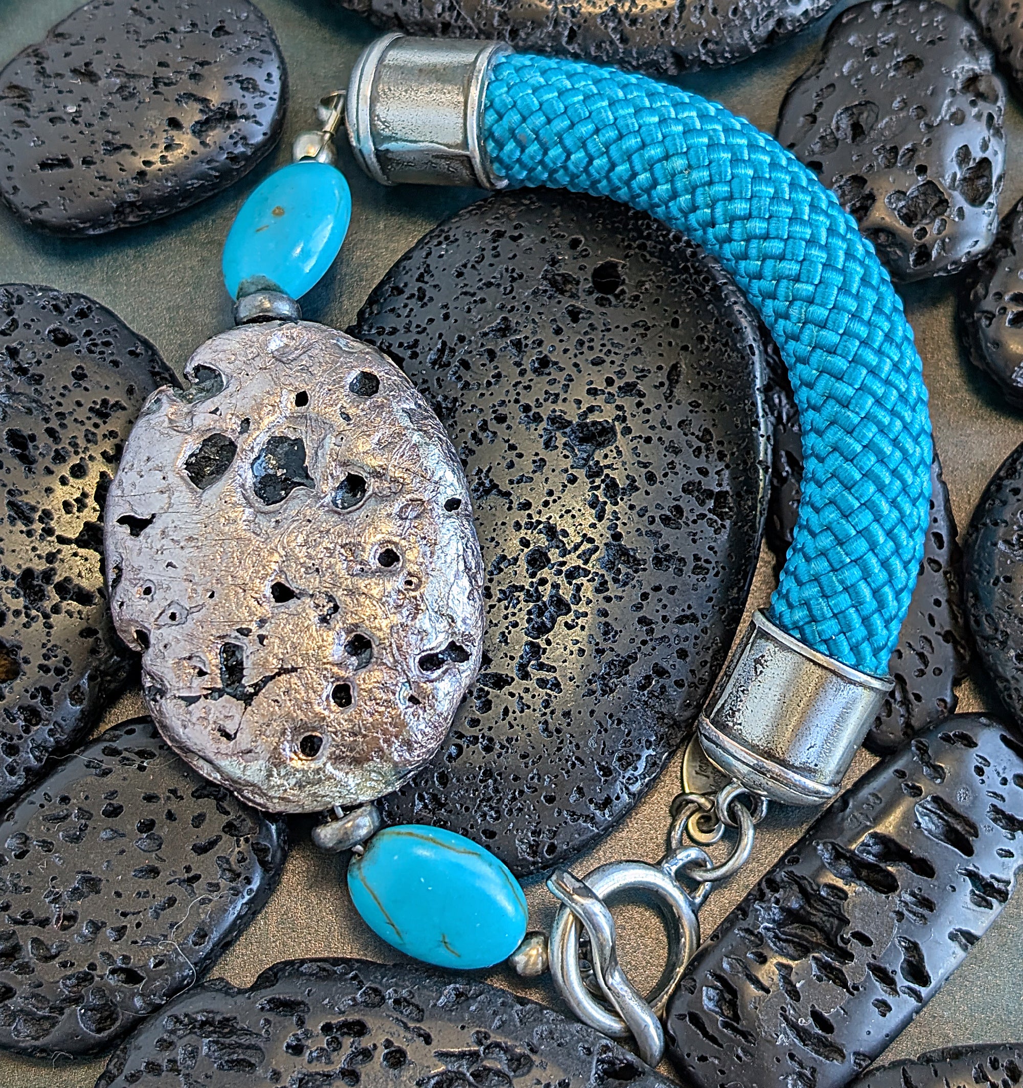 Silver Stone Bracelet - Silver on Lava Stone, Turquoise, and Cord