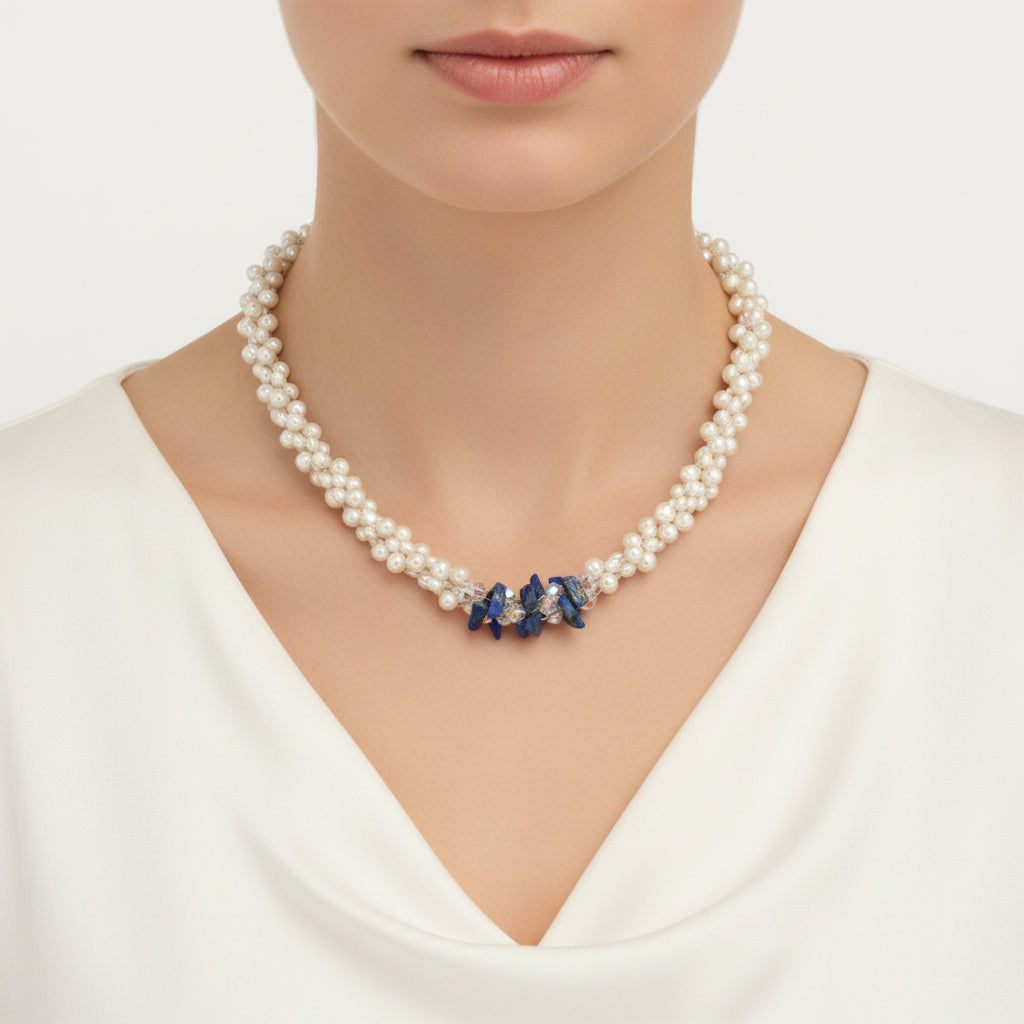 Lapis lazuli and pearl necklace on an elegant model.