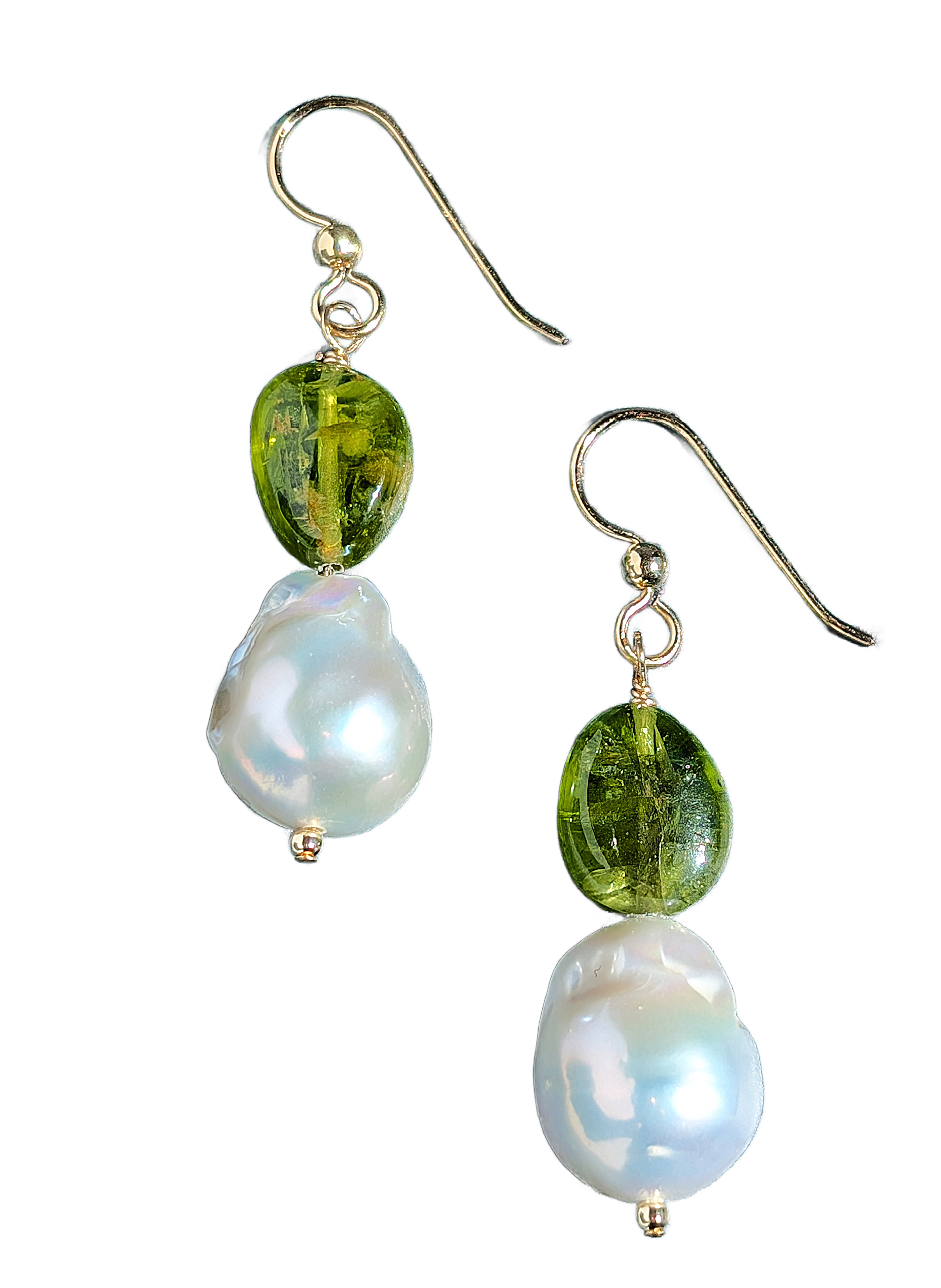 Pair of earrings with green beads and white pearls on a white background