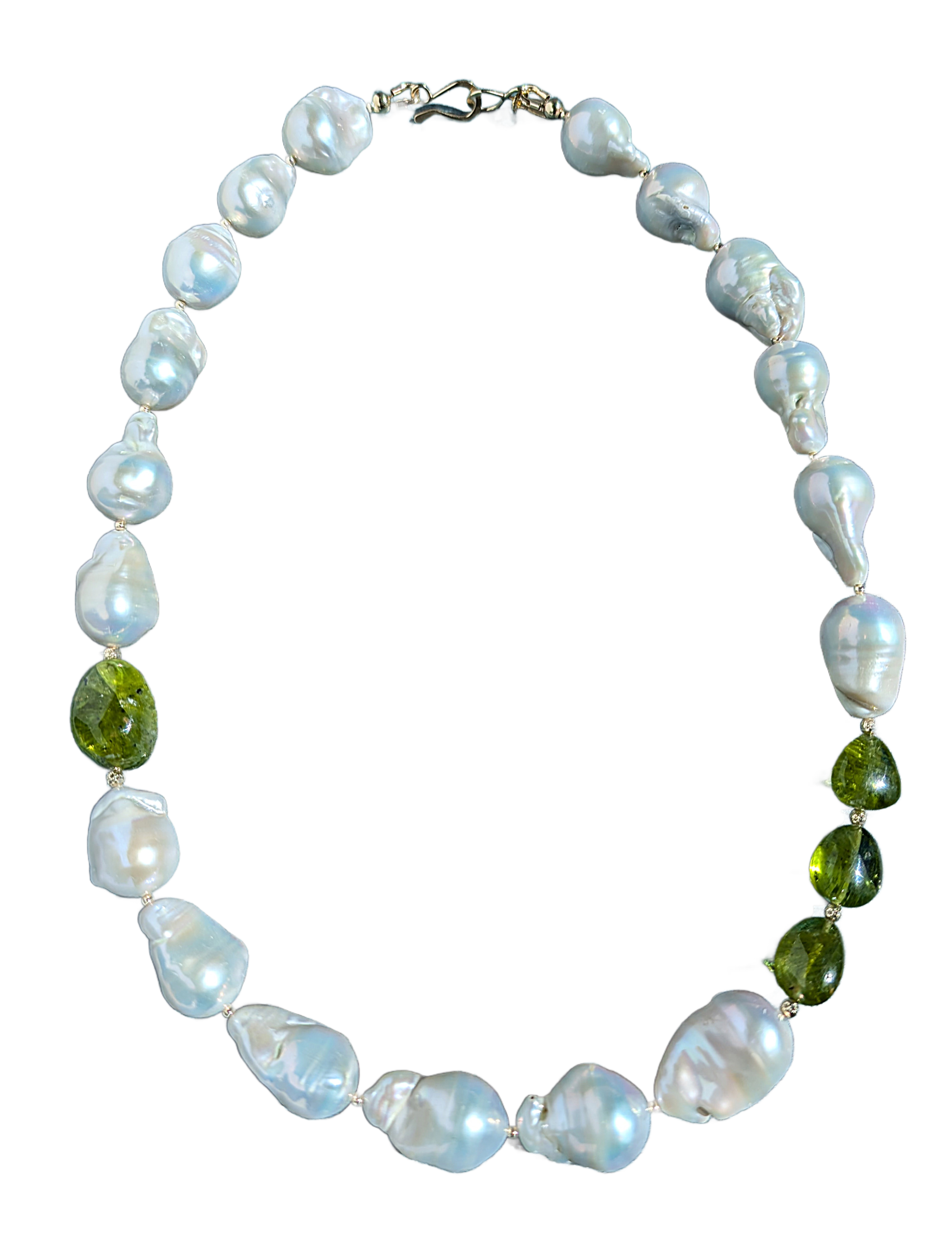 Necklace with white and green pearls on a white background