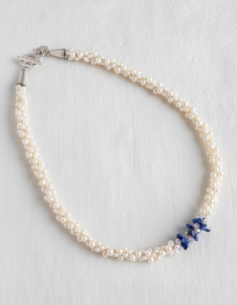 Pearl necklace with blue accents on a white background