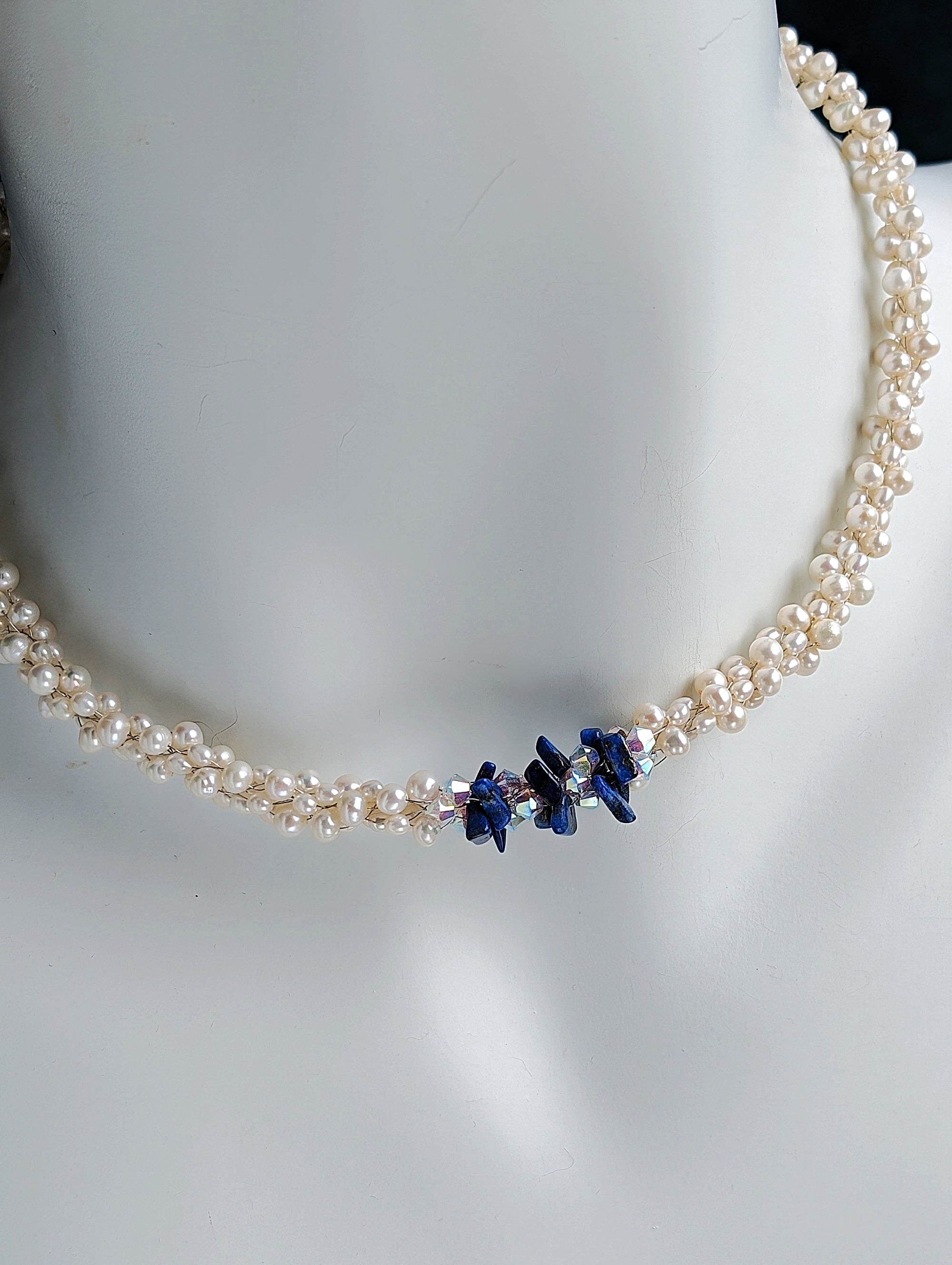 "Something Blue" Lapis Lazuli, Swarovski Crystal and Pearl Kumihimo Necklace