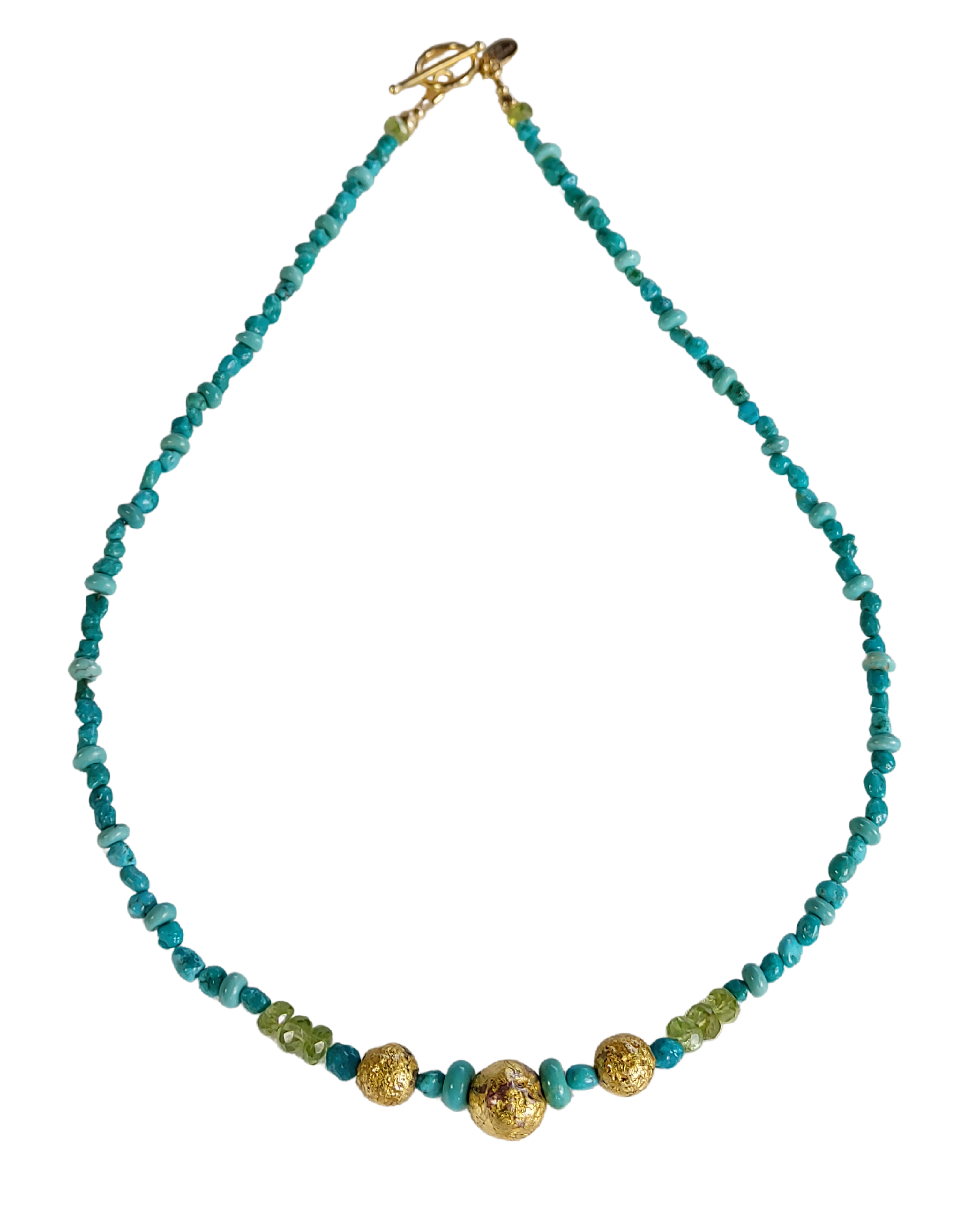 necklace with 24-Karat gold leaf on three round lava stones for centerpiece surrounded by turquoise beads, faceted peridot beads, and 14-Karat gold-filled Toggle Clasp along with designer signature tag