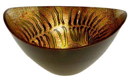 large cresent glass art bowl with fern design painted and gold gilded with black enamel on outside