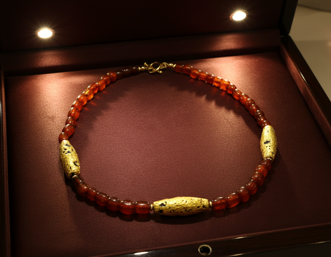 Necklace with three gold oblong beads evenly spaced between pecan colored amber beads laid out in a circle in a jewelry case.
