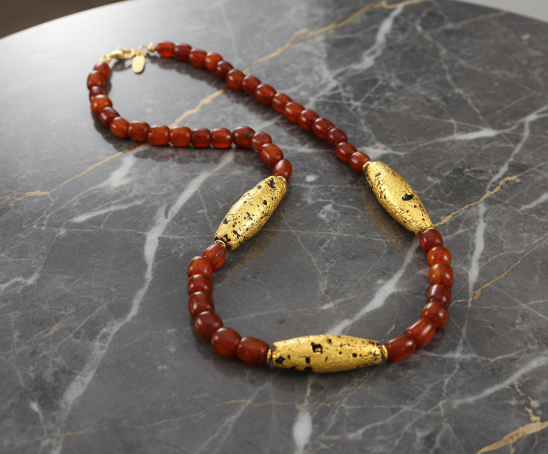 Necklace with three gold oblong beads evenly spaced between pecan colored amber beads on a grey background.