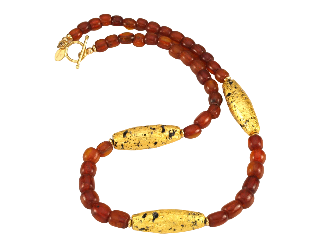 Necklace with three gold gilded oblong lava beads evenly spaced between pecan colored amber beads with 14 karat gold filled toggle clasp and artist signature tag.