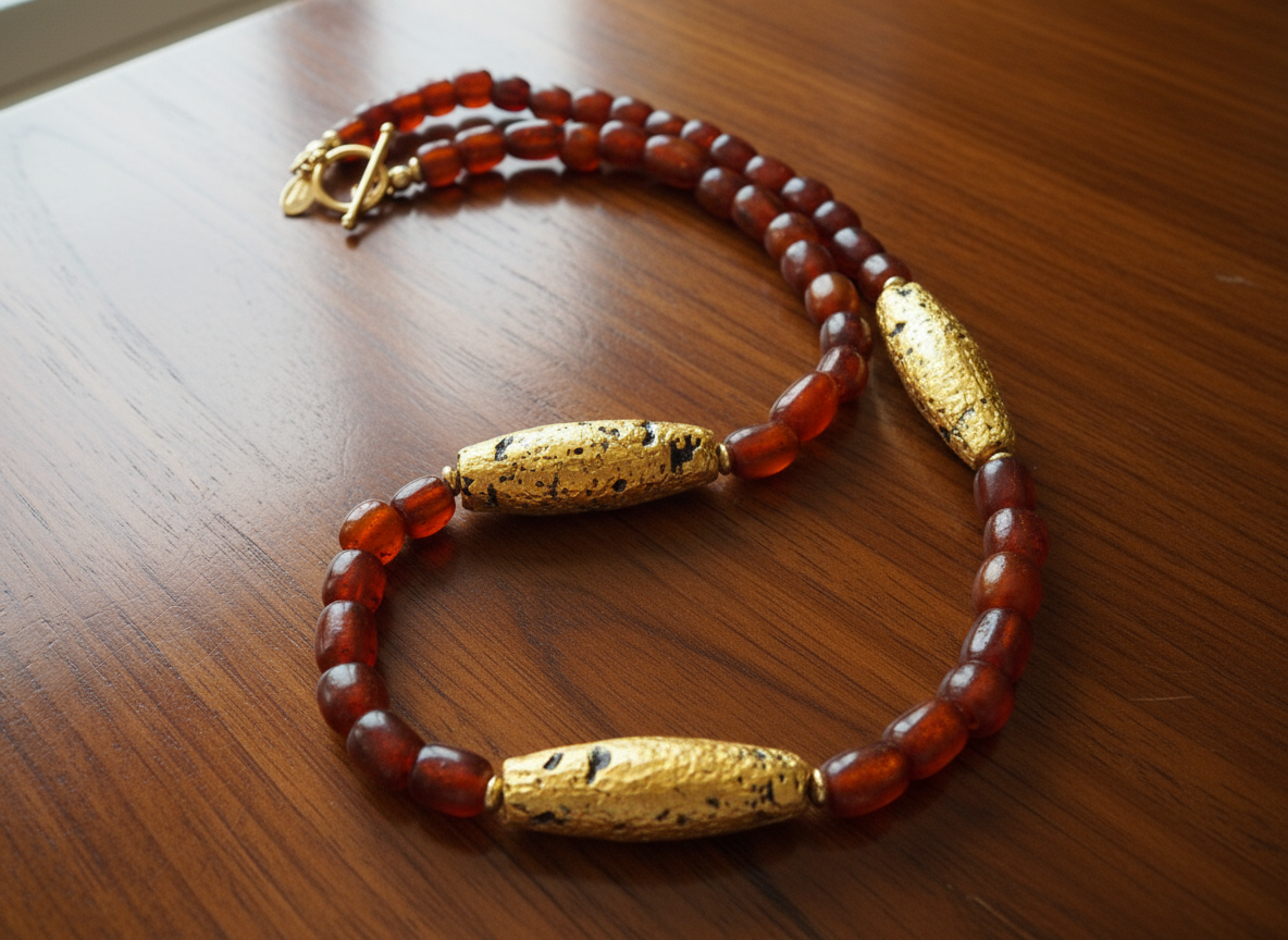 Necklace with three gold gilded oblong lava beads evenly spaced between pecan colored amber beads with 14 karat gold filled toggle clasp and artist signature tag on a wooden table.