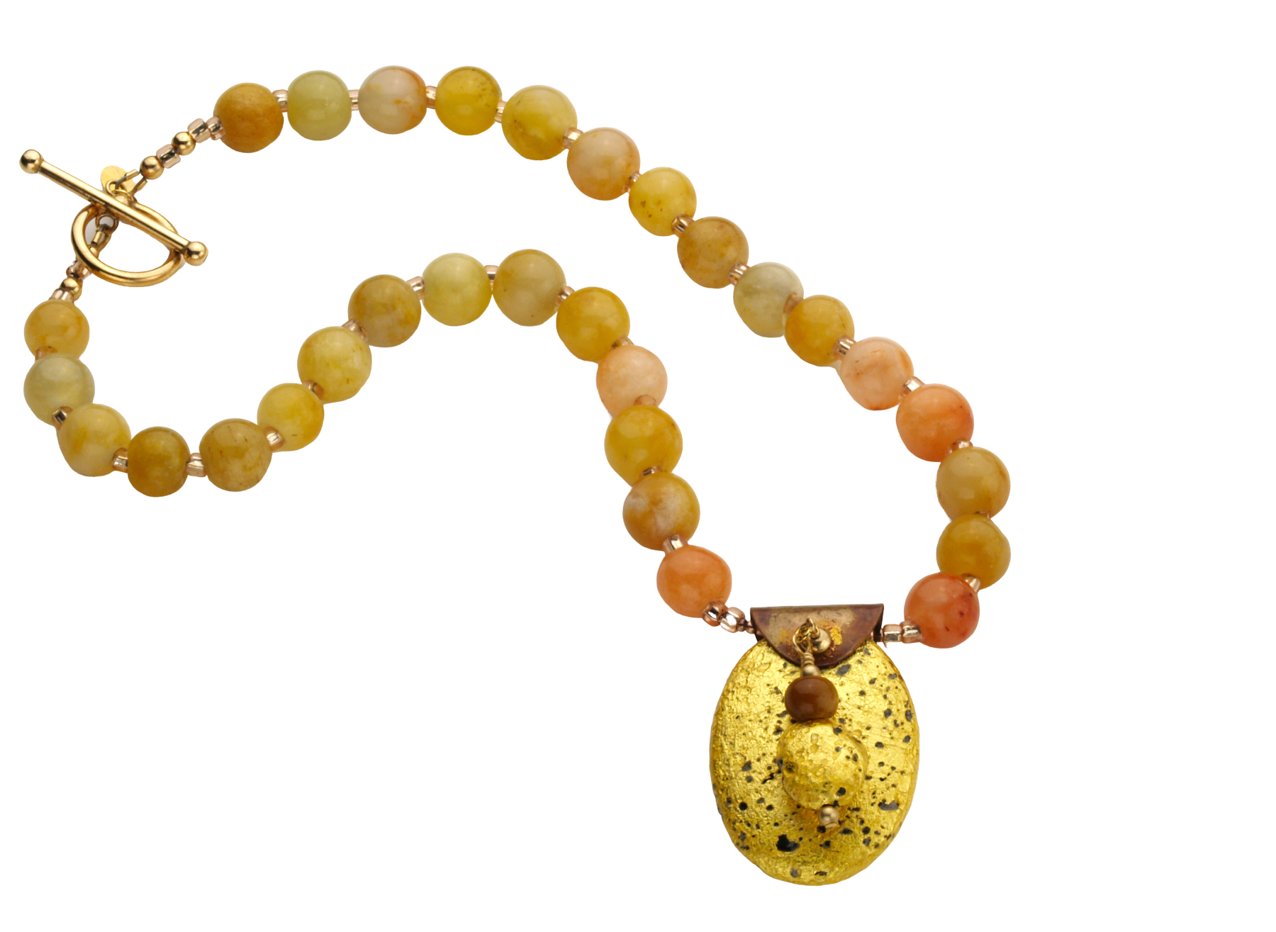 gold gilded on lava pendant and yellow jade necklace