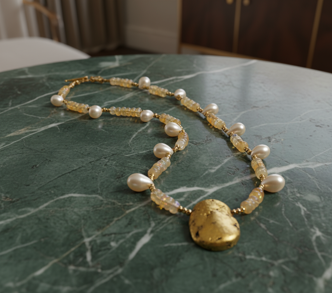 Pearl, opal and gold beaded necklace on a marble surface