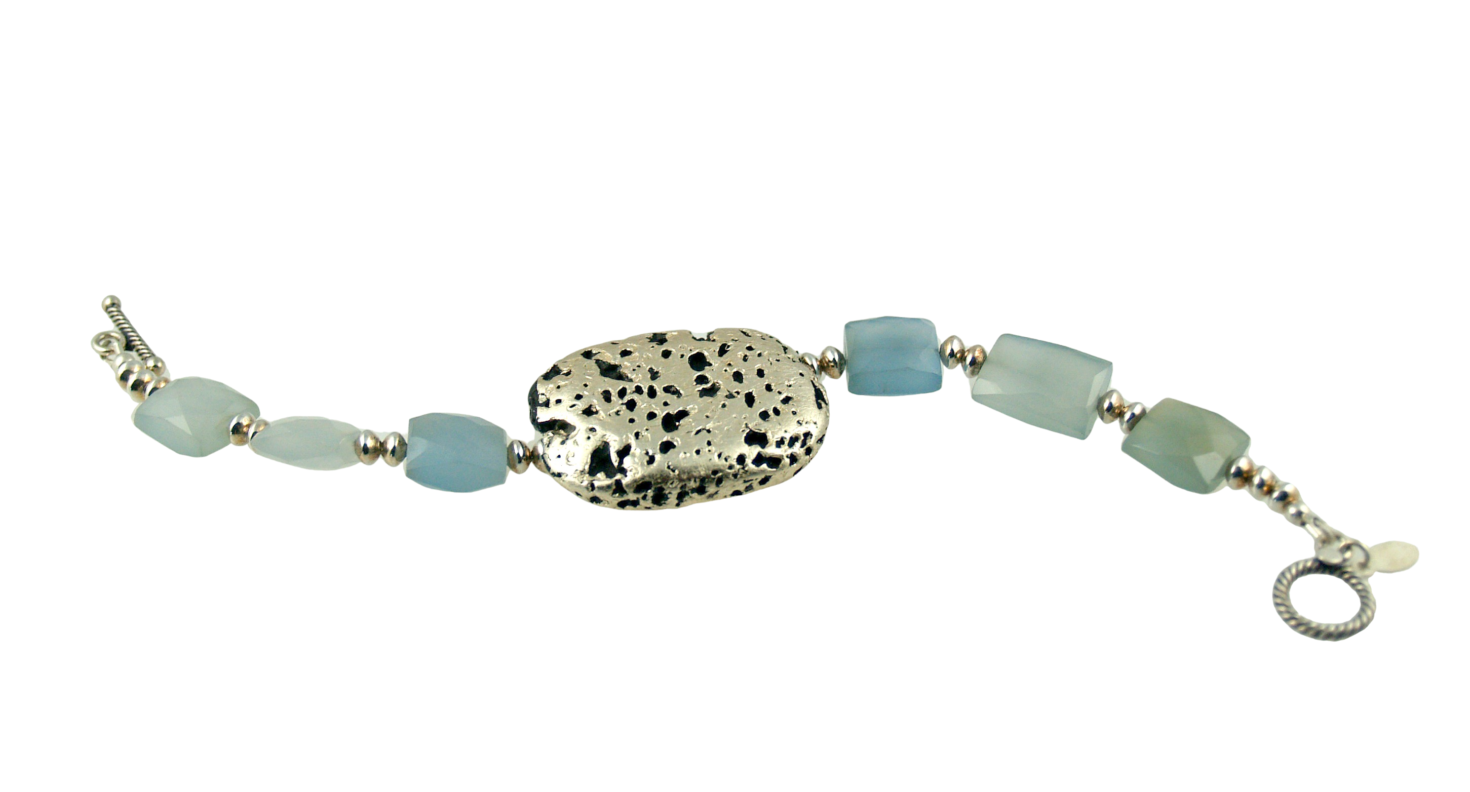 Baby Blue Glow Bracelet in Chalcedony and White Gold Gilded Leaf On Lava Stone
