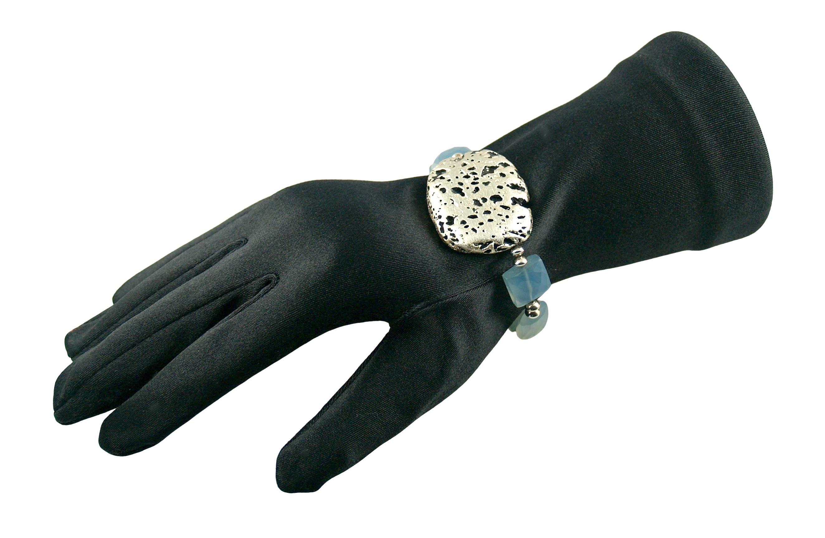 Baby Blue Glow Bracelet in Chalcedony and White Gold Gilded Leaf On Lava Stone
