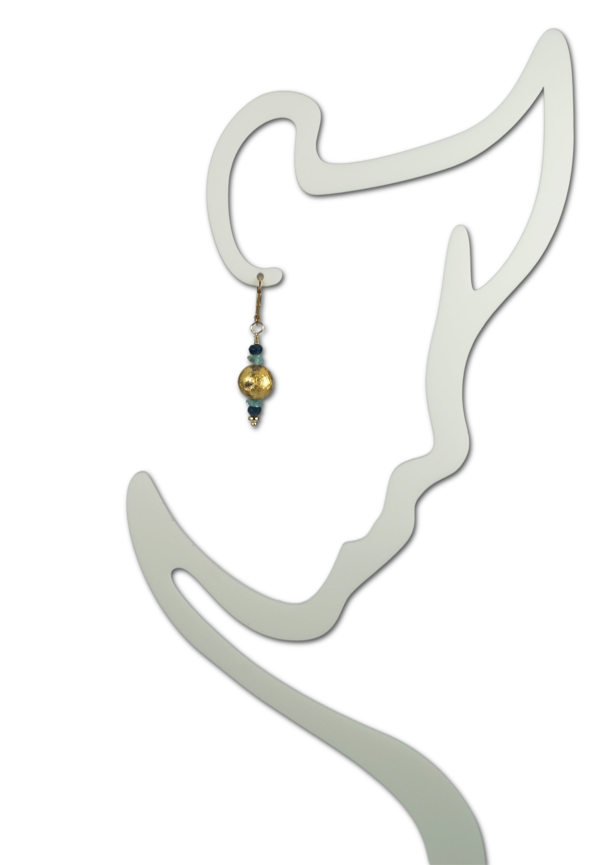 4mm faceted dark blue onyx, aqua apatite, and 23 karat gold gilded round lava stone with 14-karat gf leverback earrings on a small outline mannequin.