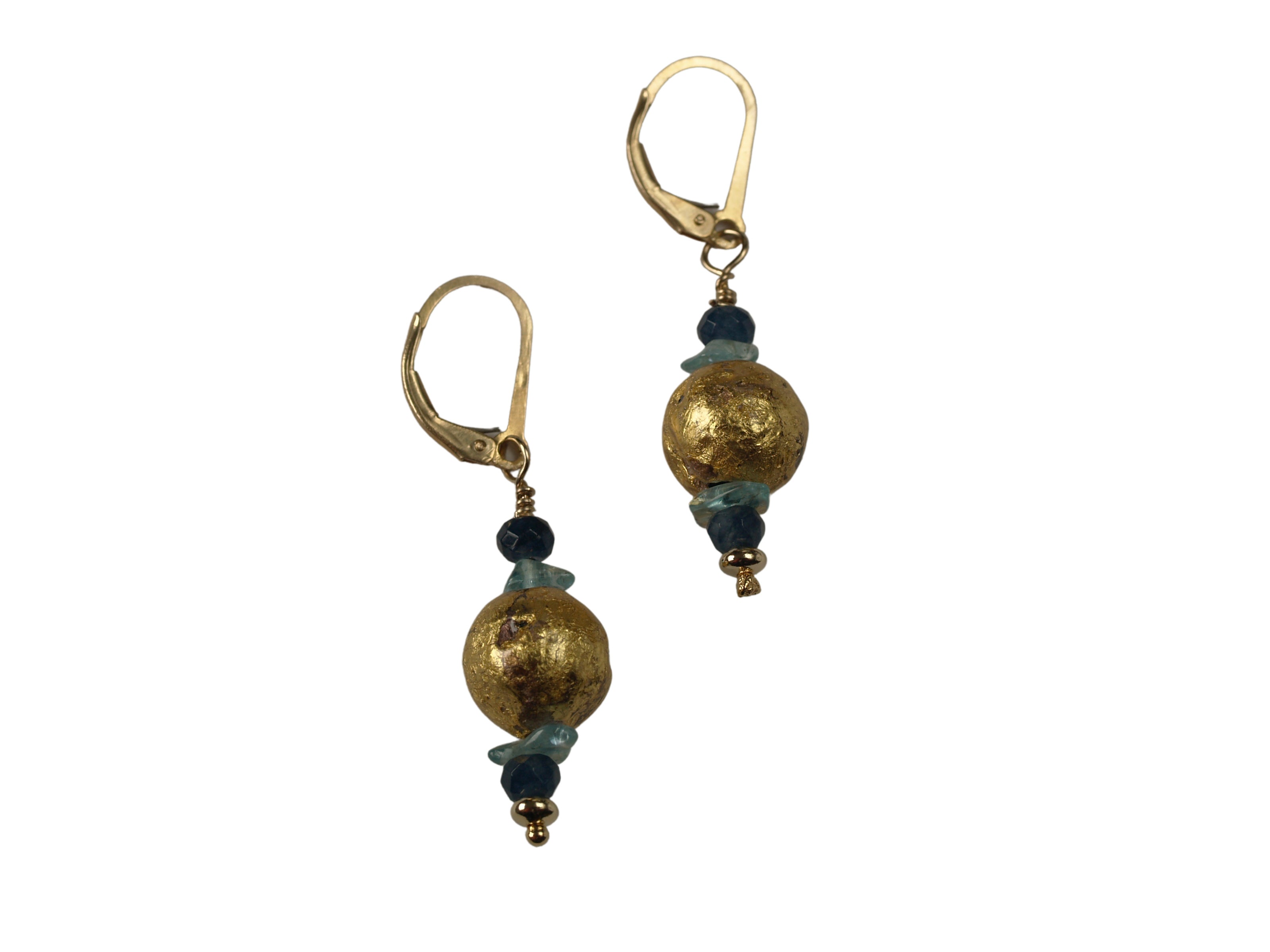 4mm faceted dark blue onyx, aqua apatite, and 23 karat gold gilded round lava stone with 14-karat gf leverback earrings