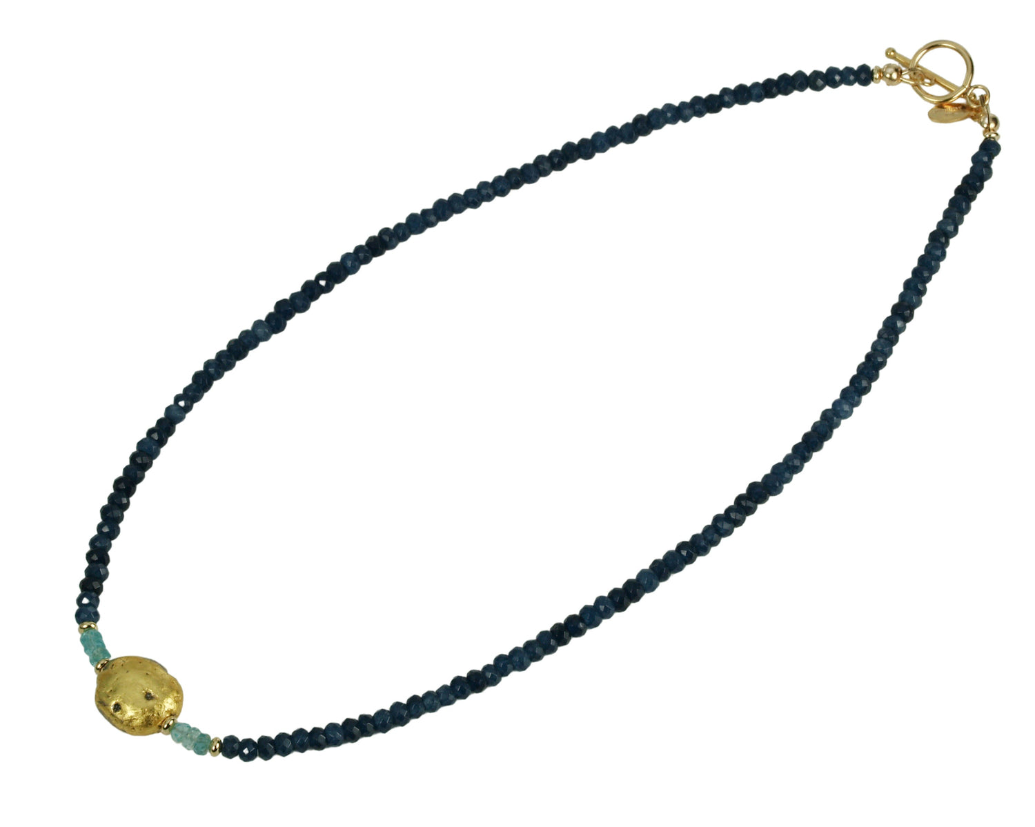 4mm sparkly faceted dark blue onyx, faceted aqua apatite, and gold gilded lava stone Necklace
