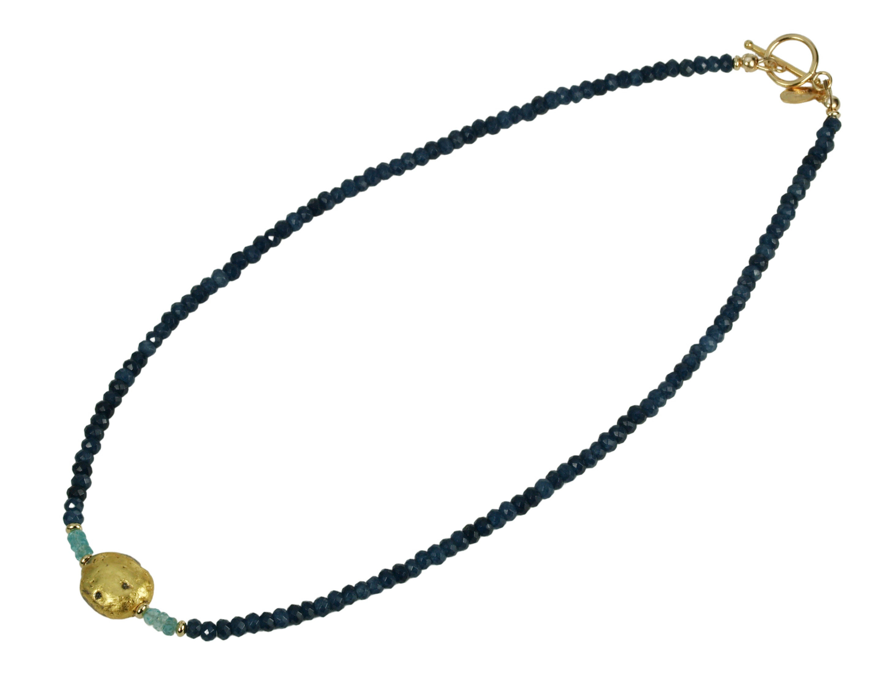 4mm sparkly faceted dark blue onyx, faceted aqua apatite, and gold gilded lava stone Necklace