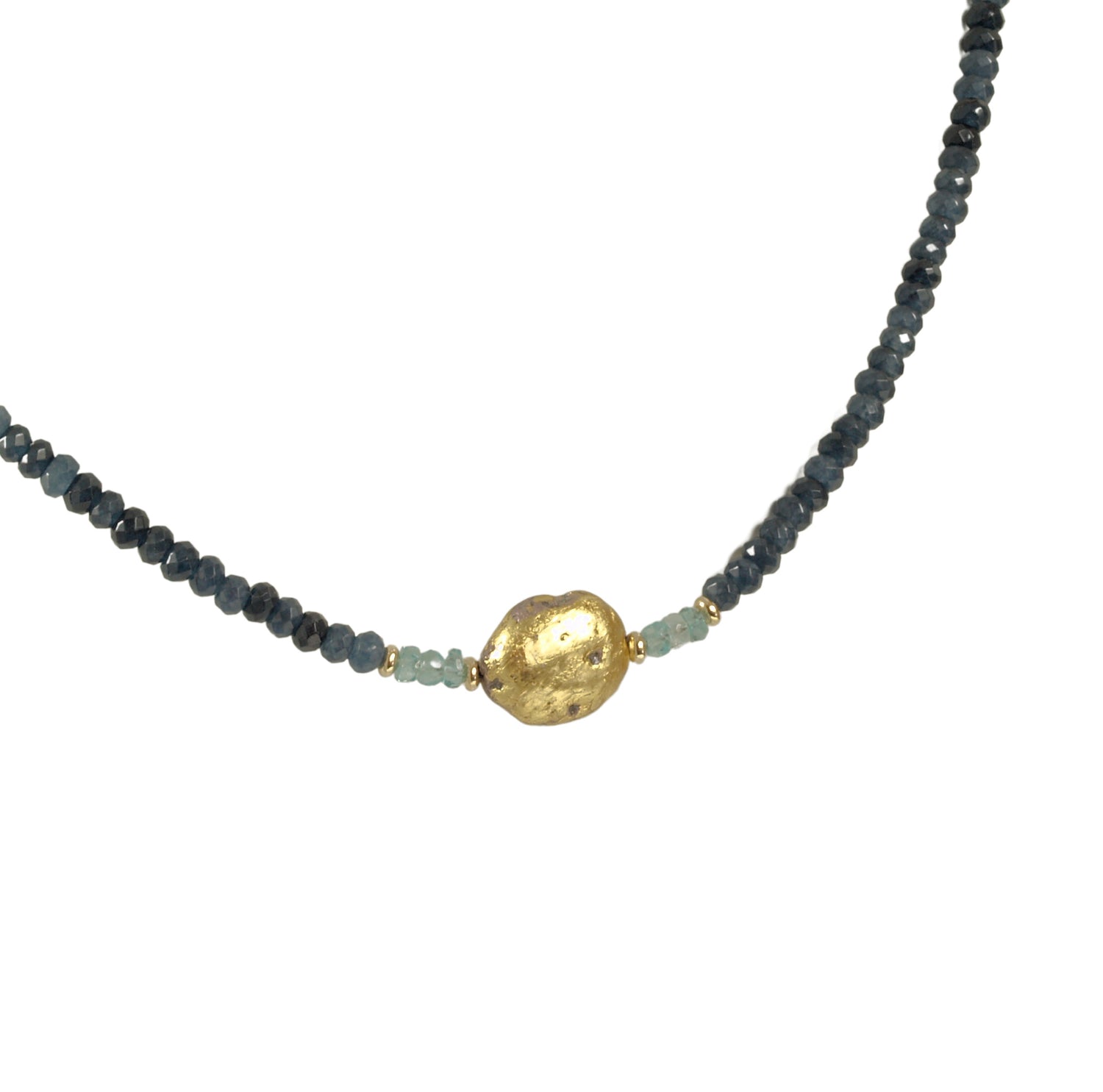 4mm sparkly faceted dark blue onyx, faceted aqua apatite, and 23 karat gold gilded lava stone Necklace