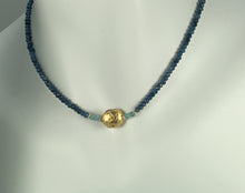 Load image into Gallery viewer, 4mm sparkly faceted dark blue onyx, faceted aqua apatite, and gold gilded lava stone Necklace on mannequin neck