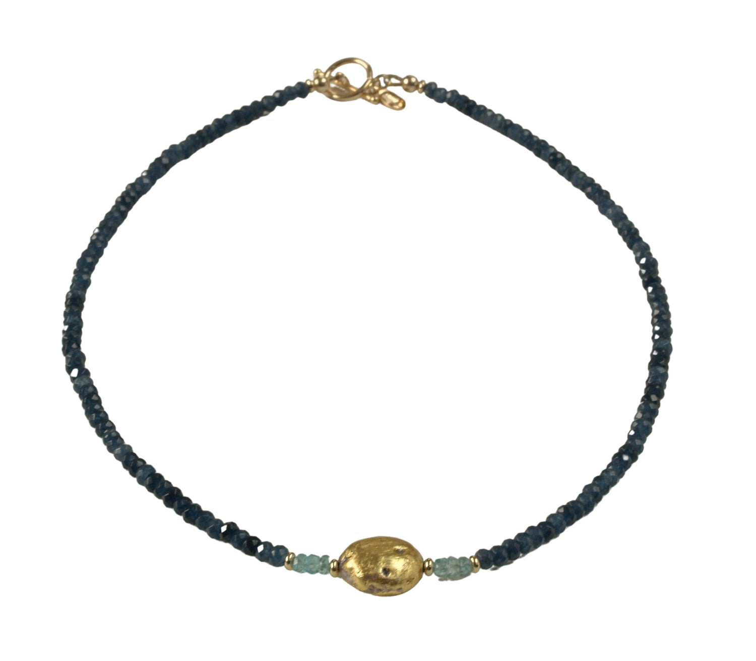 4mm faceted dark blue onyx, faceted aqua apatite, and gold gilded lava stone Necklace shown in full in photo