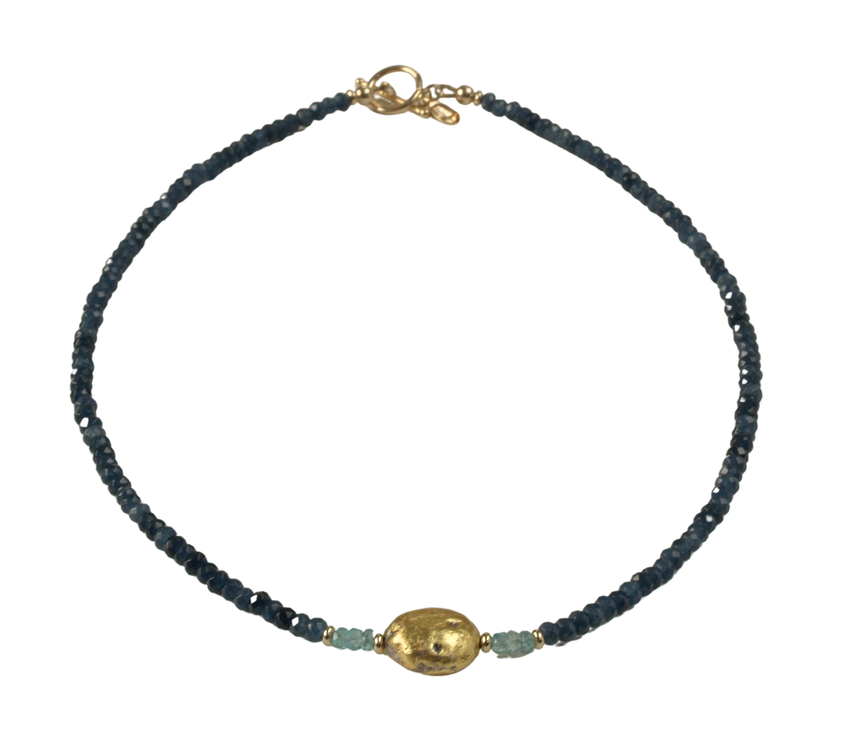 4mm faceted dark blue onyx, faceted aqua apatite, and gold gilded lava stone Necklace shown in full in photo