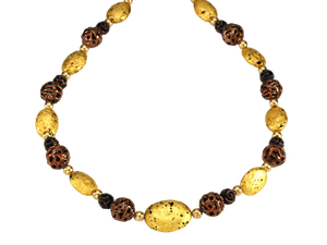 Hand made necklace with 23 karat gold gilded lava stones, lamp work bronze Czech glass, and 14 karat gold filled small round beads.