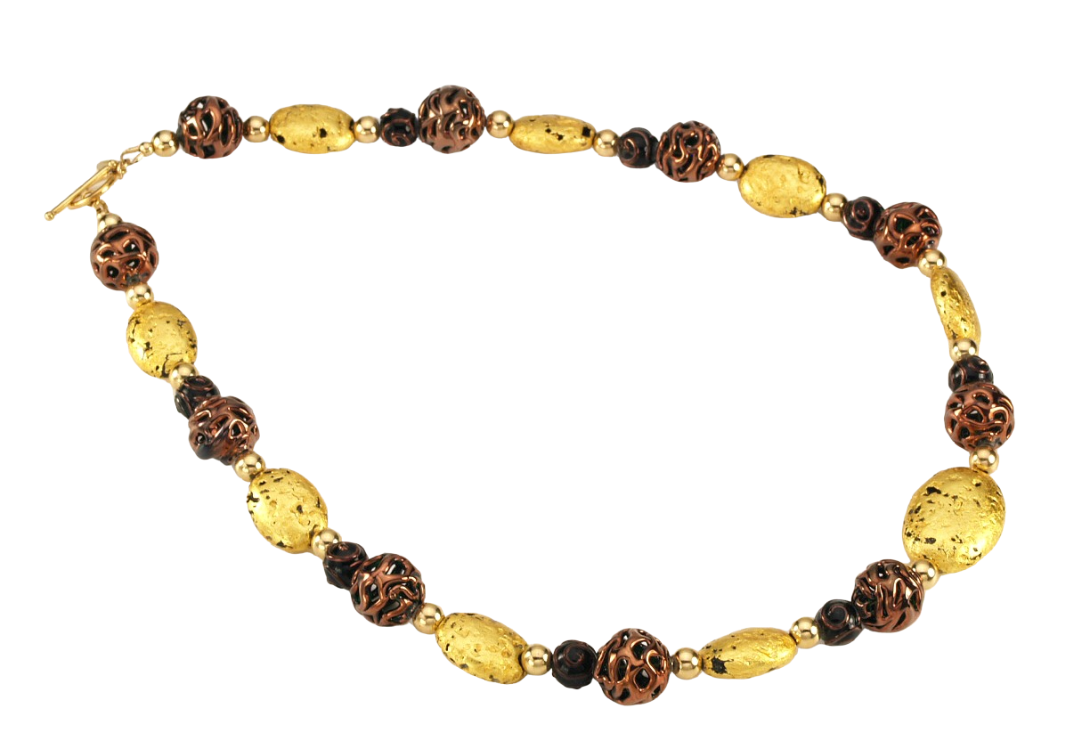 Hand made necklace with 23 karat gold gilded lava stones, lamp work bronze Czech glass, and 14 karat gold filled small round beads. The necklace is finished with 14 karat gold filled toggle clasp. Necklace is facing to the right.
